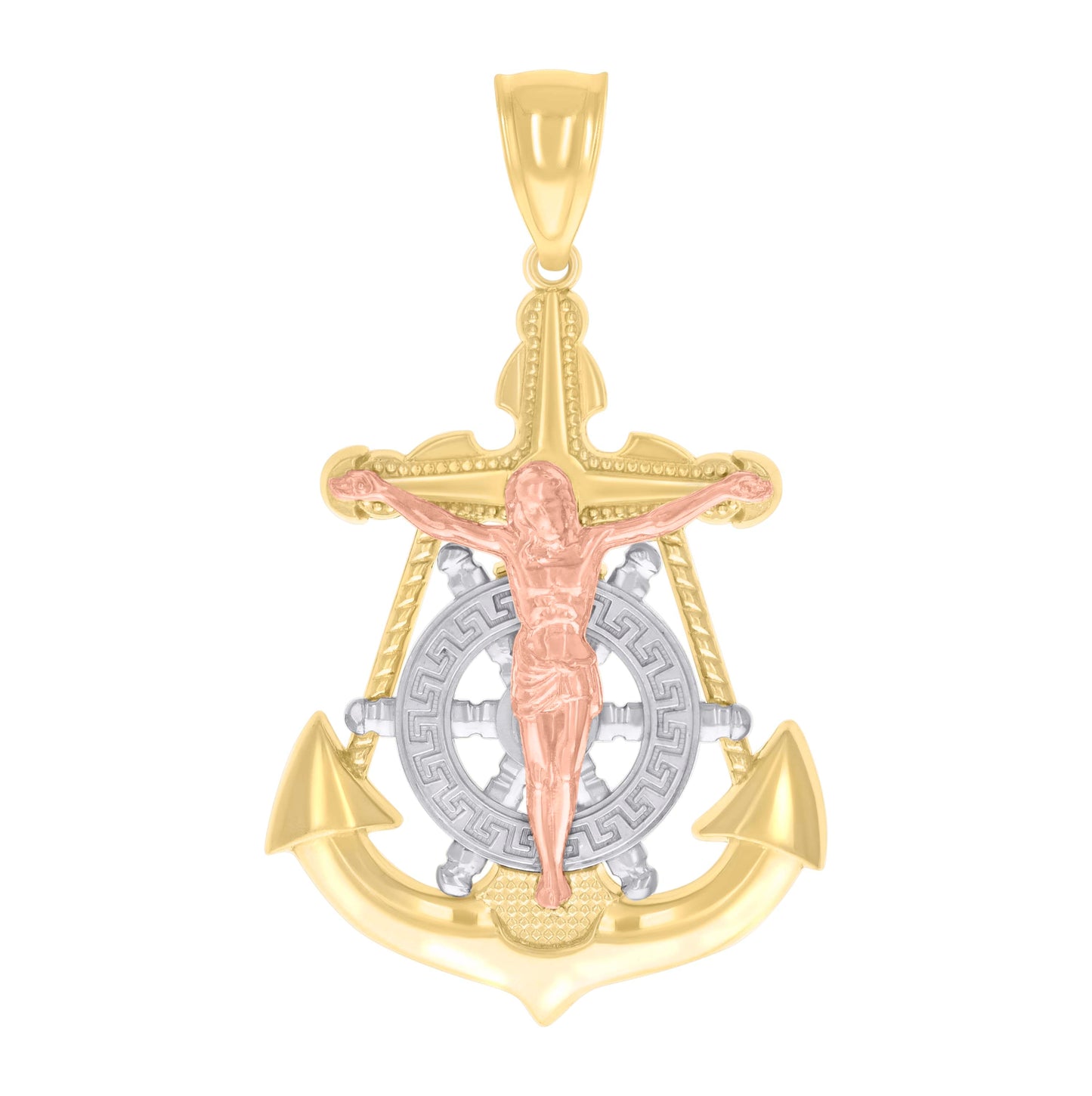 14K Tri-Color Gold Mens Anchor Crucifix Religious Charm Pendant
