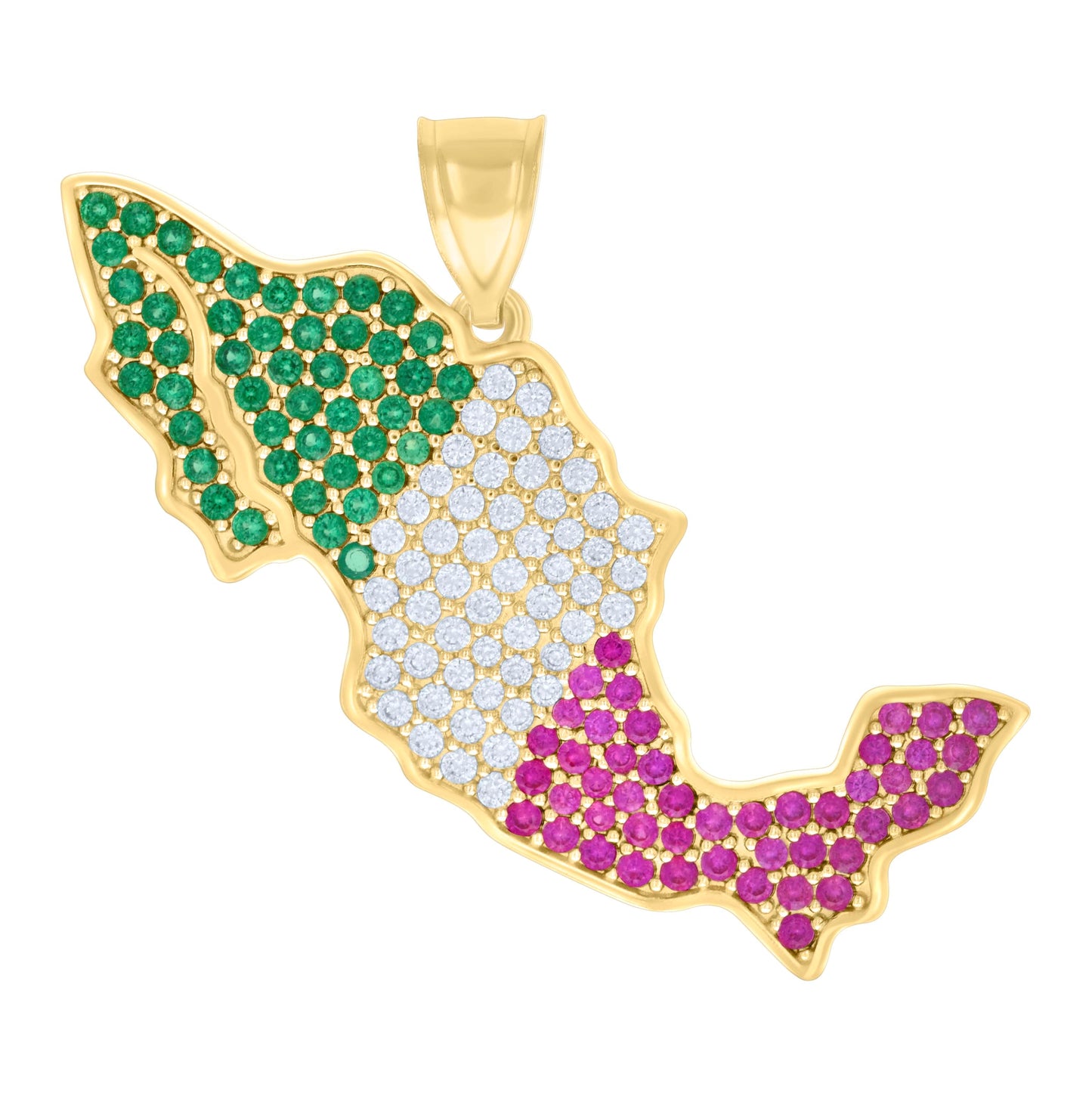 14K Yellow Gold Mens Green/Pink White Cubic-Zirconia Mexico Map Country Charm Pendant