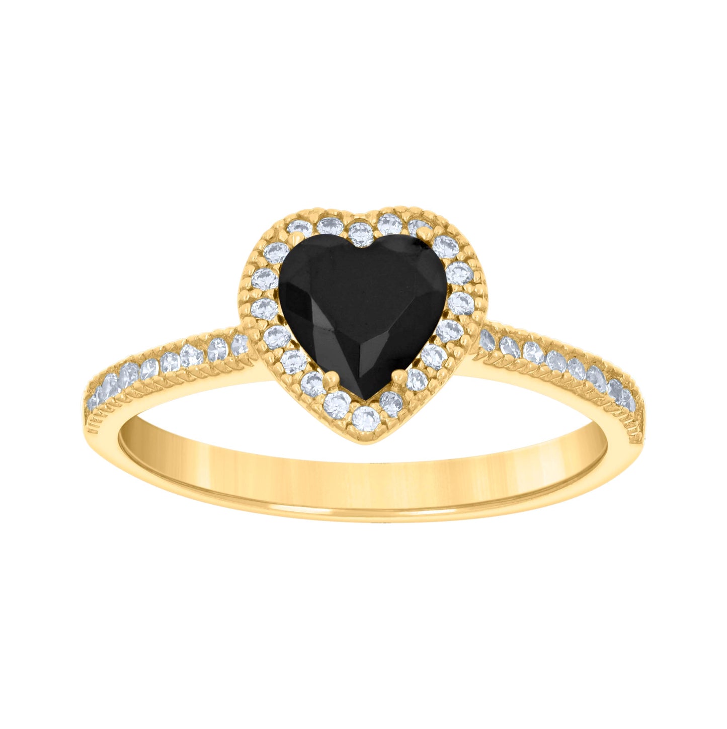 14K Yellow Gold Womens Black White Heart Round Cubic-Zirconia Heart Ring
