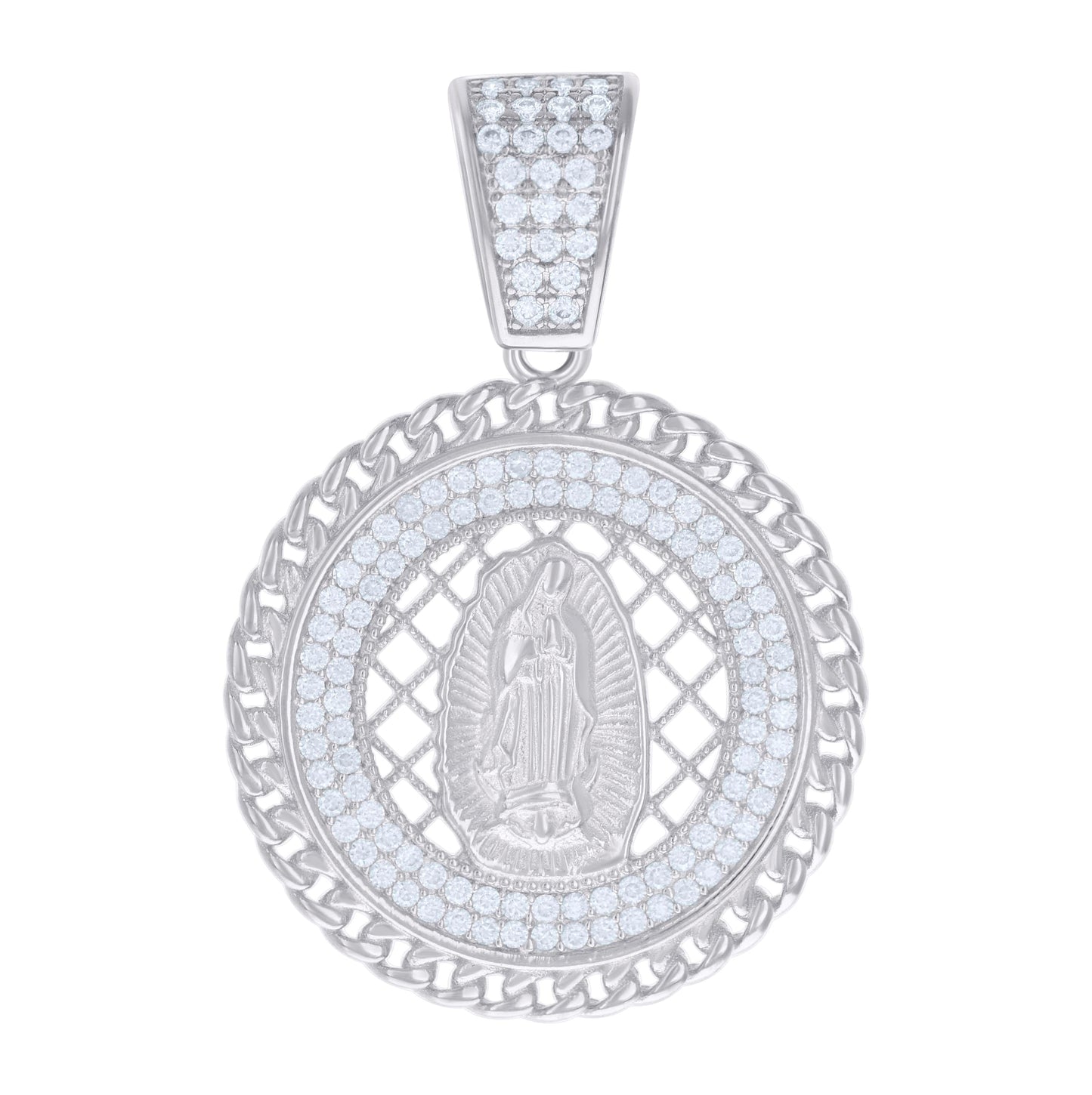 Sterling Silver Mens 0.84ct Moissanite Cuban Border Guadalupe/Mother Marry Religious Charm Pendant