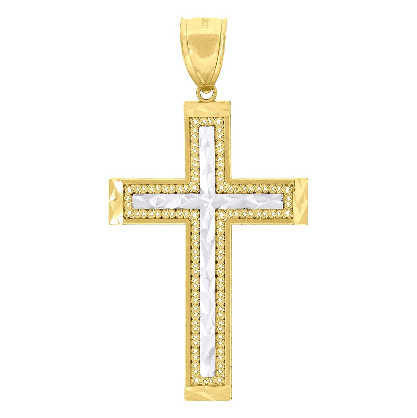 10K Gold Two-Tone Diamond-Cut Mens Cross Religious Charm Pendant