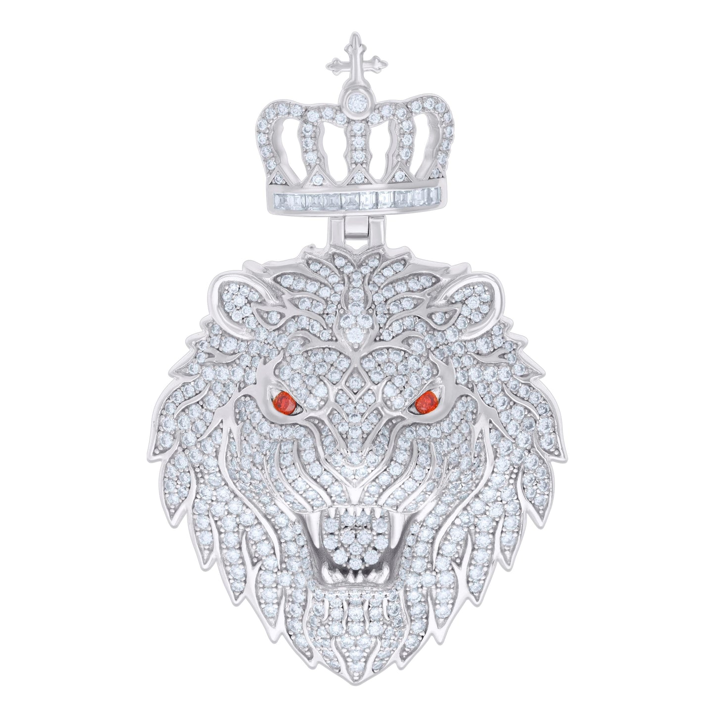 Sterling Silver Mens 4.48ct, 0.42ct Red White Baguette Round Moissanite Leo/Lion Head Pendant