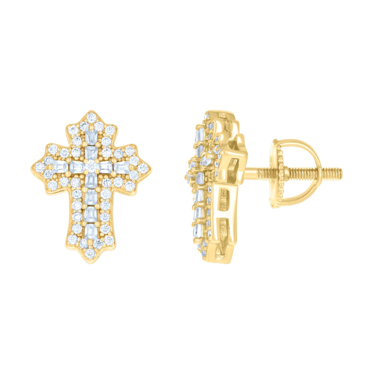 Sterling Silver Or Yellow-tone Womens 0.42ct Round 0.74ct Baguette Moissanite Cross Religious Stud Earrings