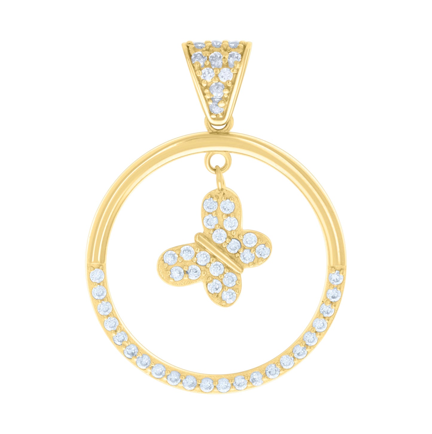 14K Yellow Gold Womens Cubic-Zirconia Circle Butterfly Dangling Fashion Charm Pendant