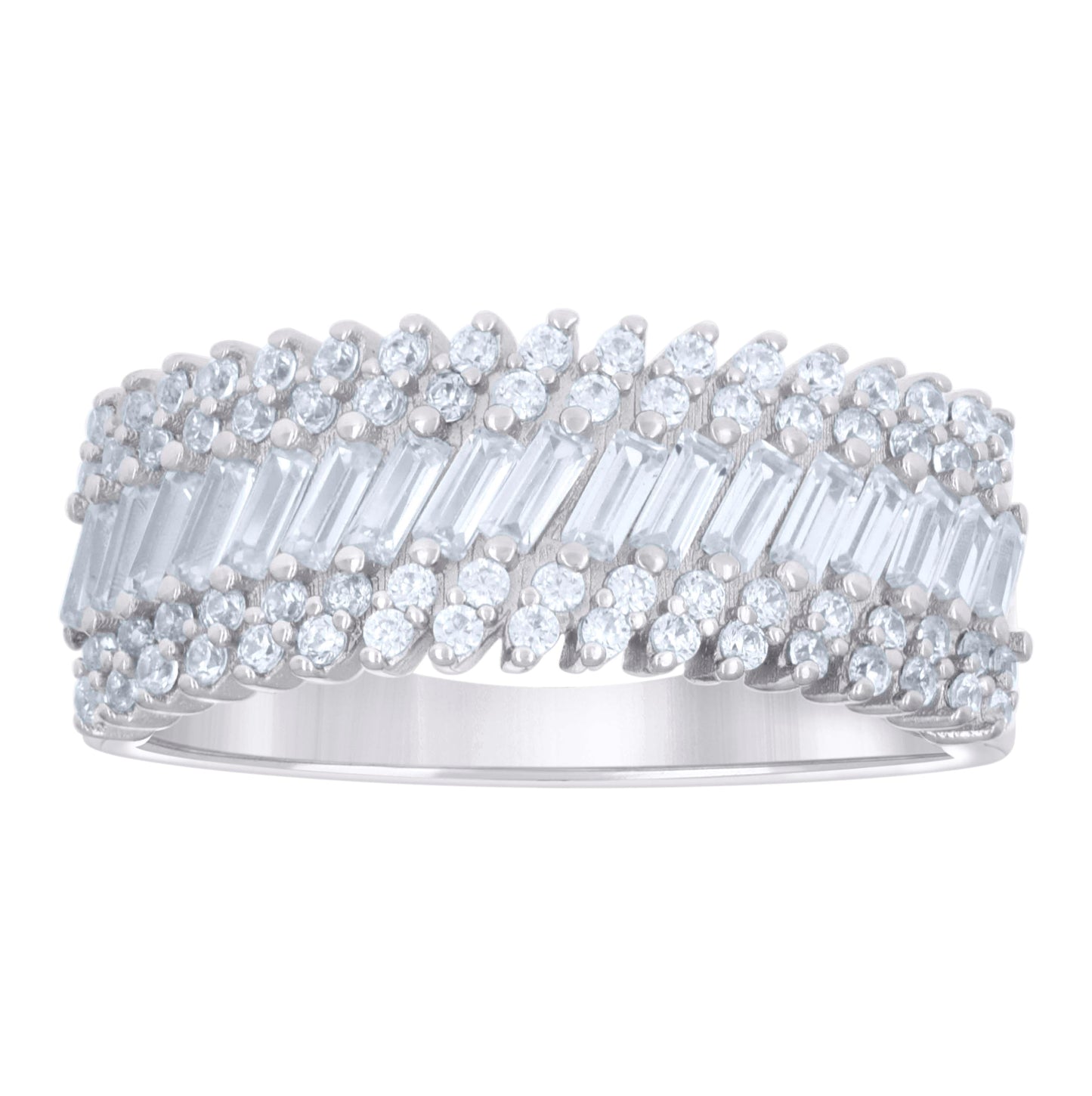 Sterling Silver Womens Baguette Round Cubic-Zirconia Fashion Bridal Anniversary Wedding Engagement Band Ring