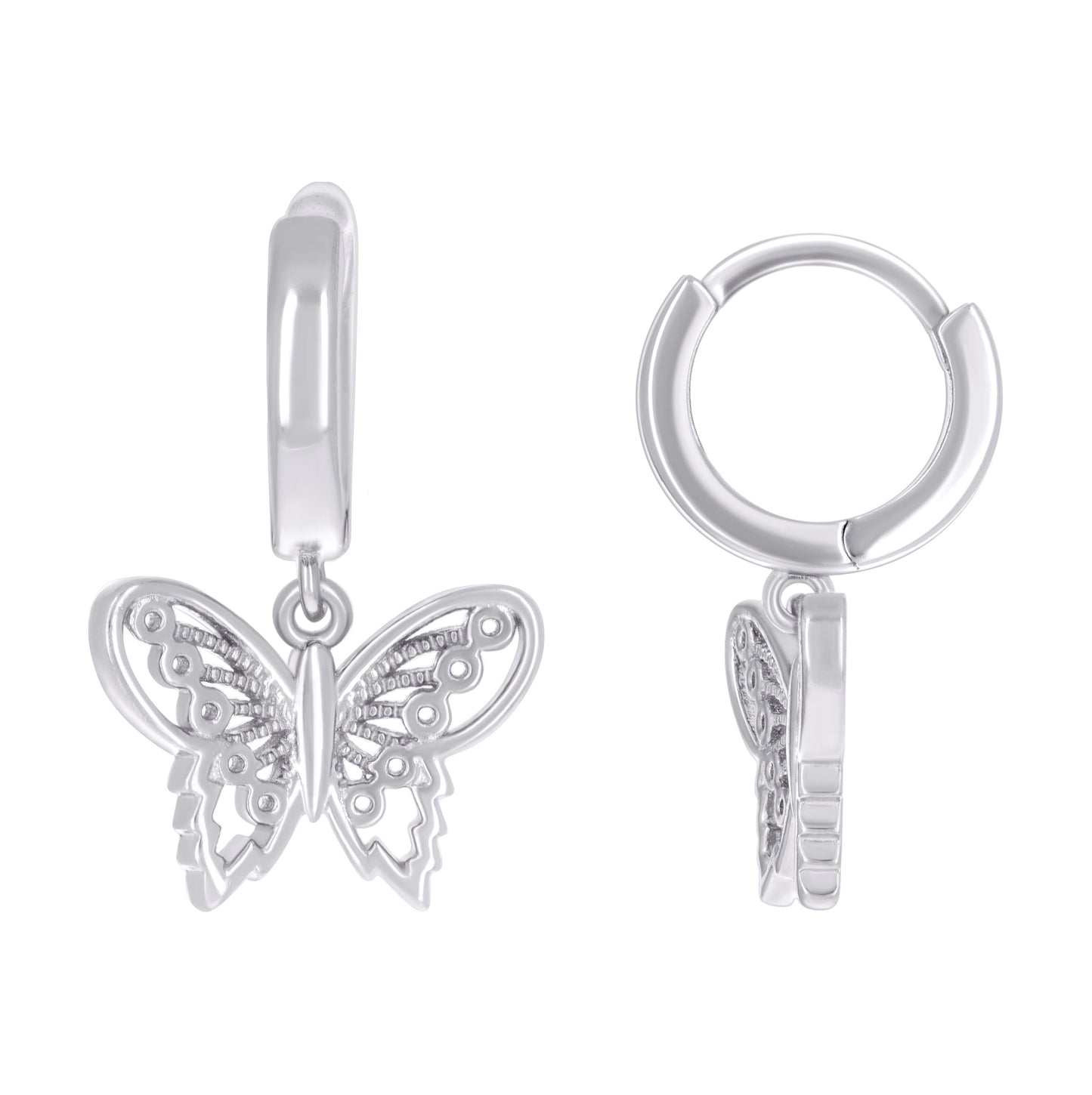 Sterling Silver Womens Butterfly Dangle Hoop Earrings