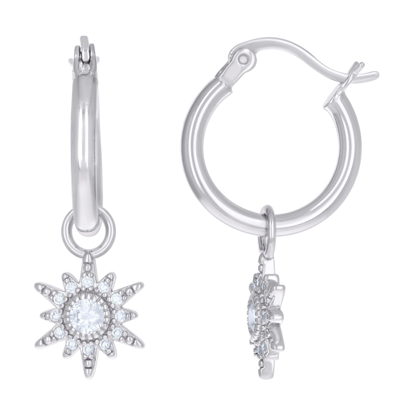 Sterling Silver Womens Cubic-Zirconia Fashion Dangle Hoop Earrings