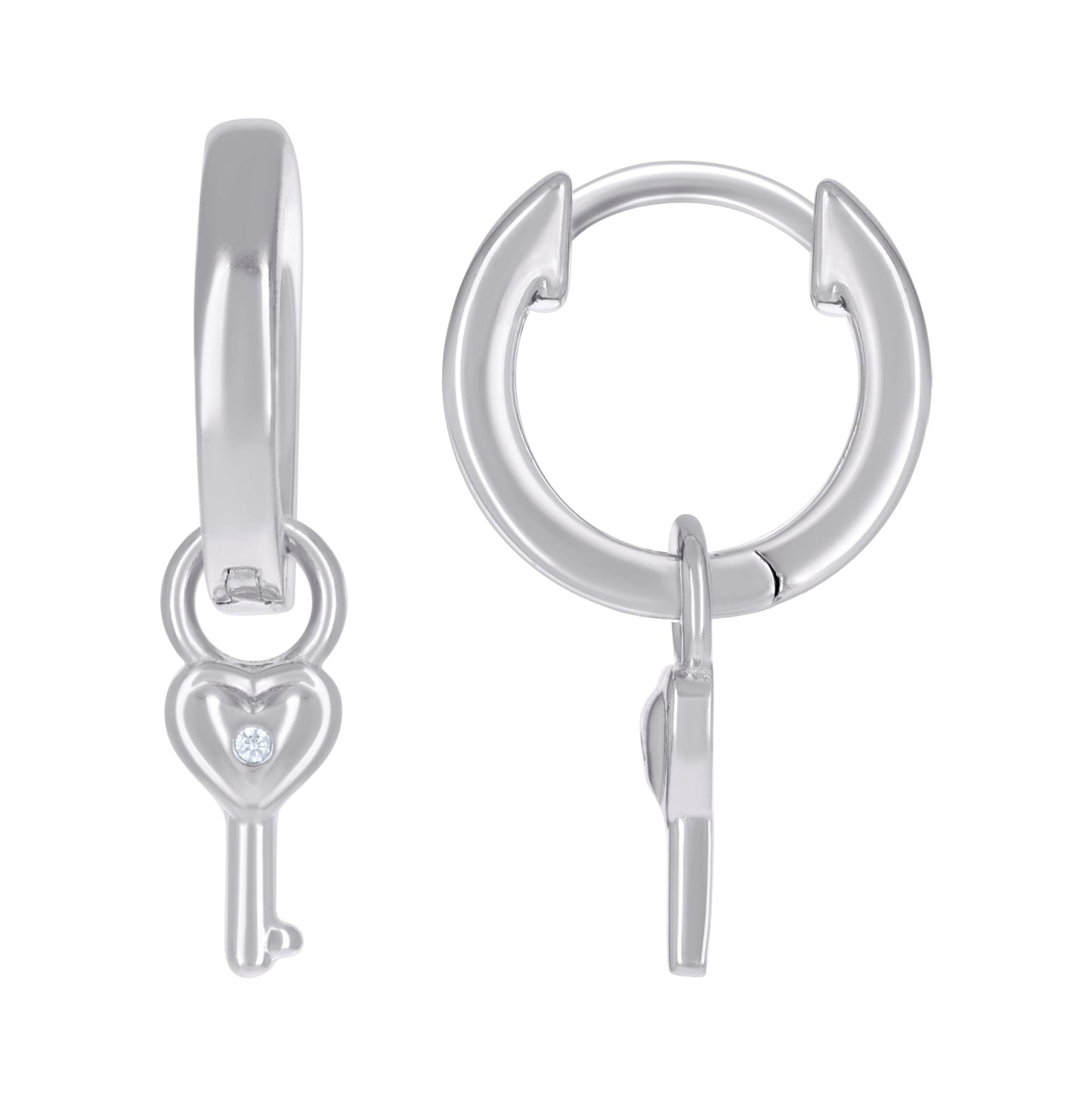 Sterling Silver Womens Cubic-Zirconia Key Lock & Key Dangle Hoop Earrings