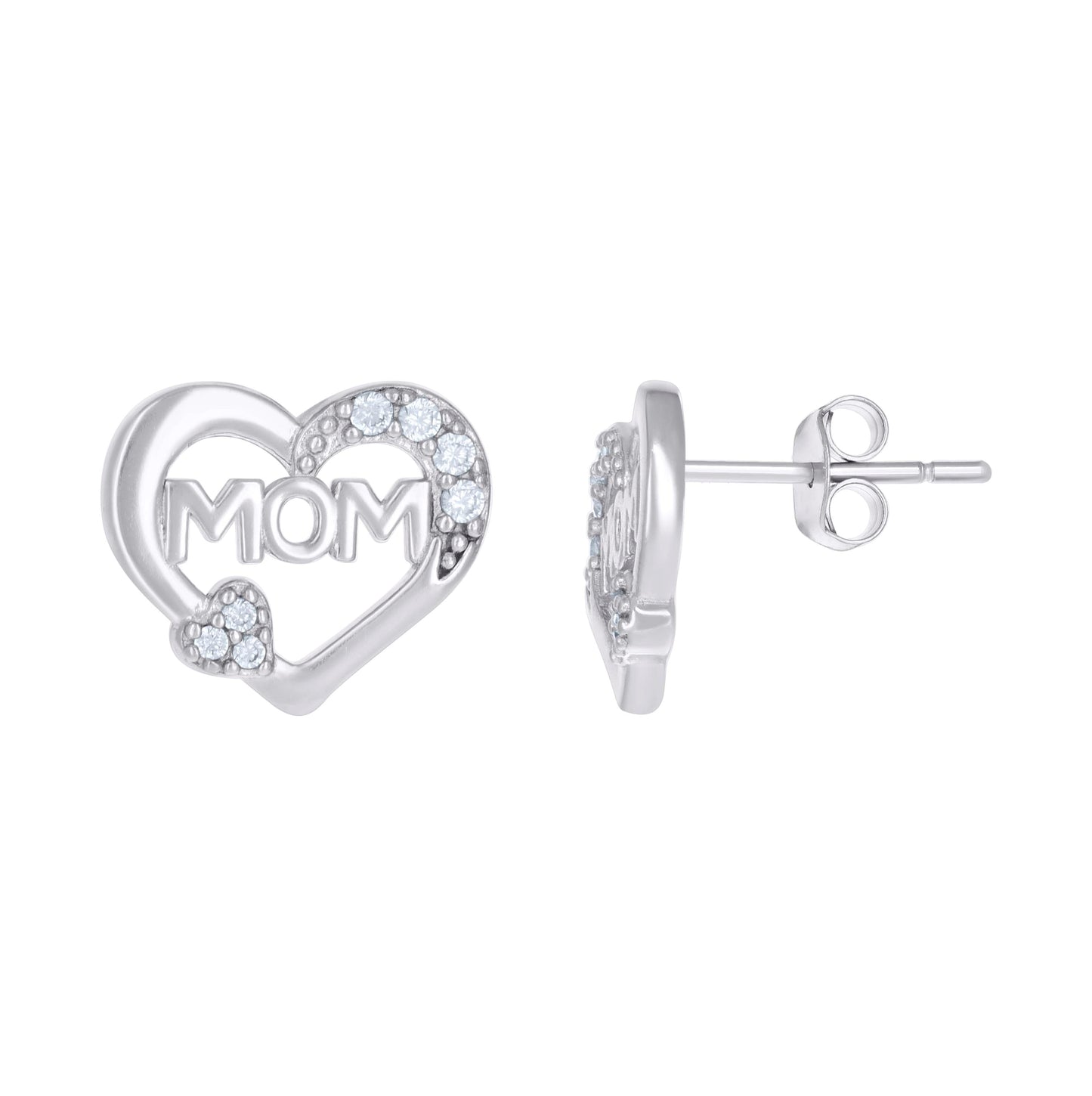 Sterling Silver Womens Cubic-Zirconia Heart Mom Stud Earrings