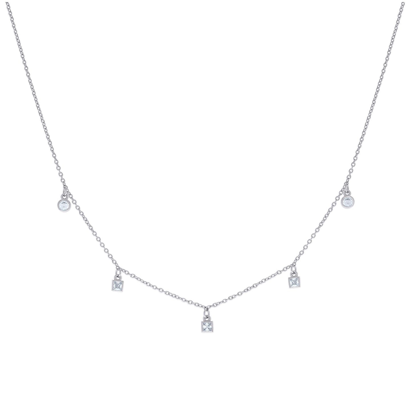 Sterling Silver Womens Princess-Cut Round Cubic-Zirconia Station Charm Necklace