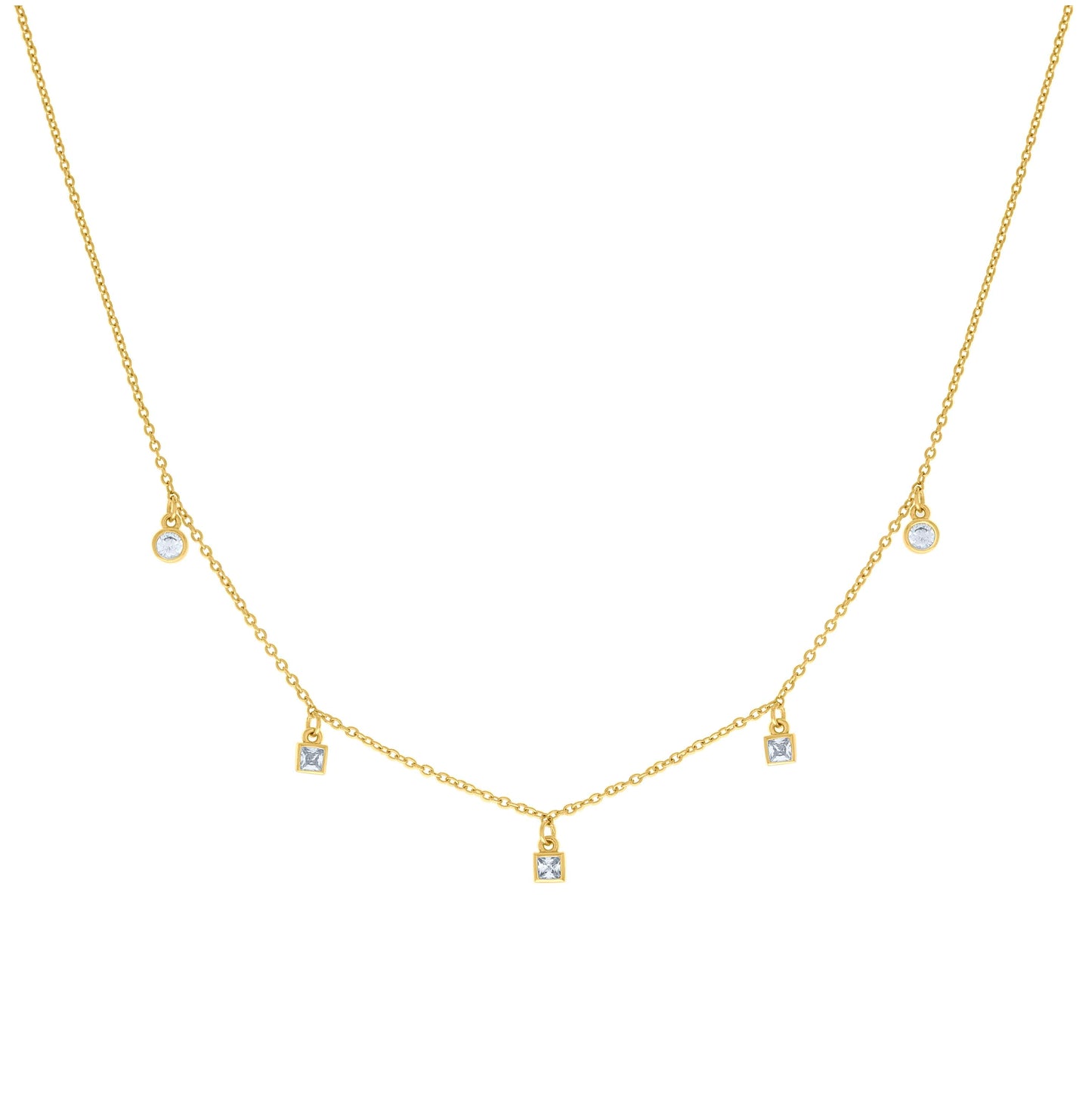 Sterling Silver Yellow-tone Womens Princess-Cut Round Cubic-Zirconia Station Charm Necklace