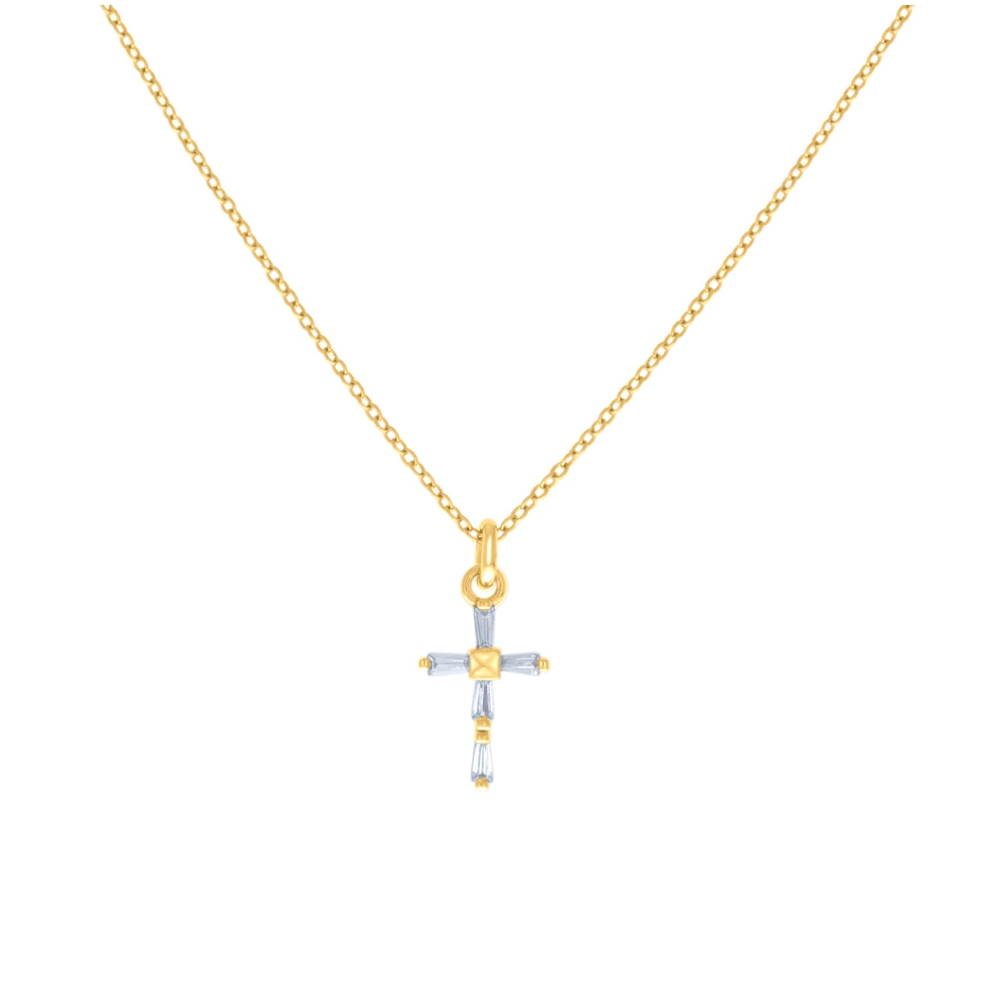 Sterling Silver Yellow-tone Womens Baguette Cubic-Zirconia Cross Charm Necklace
