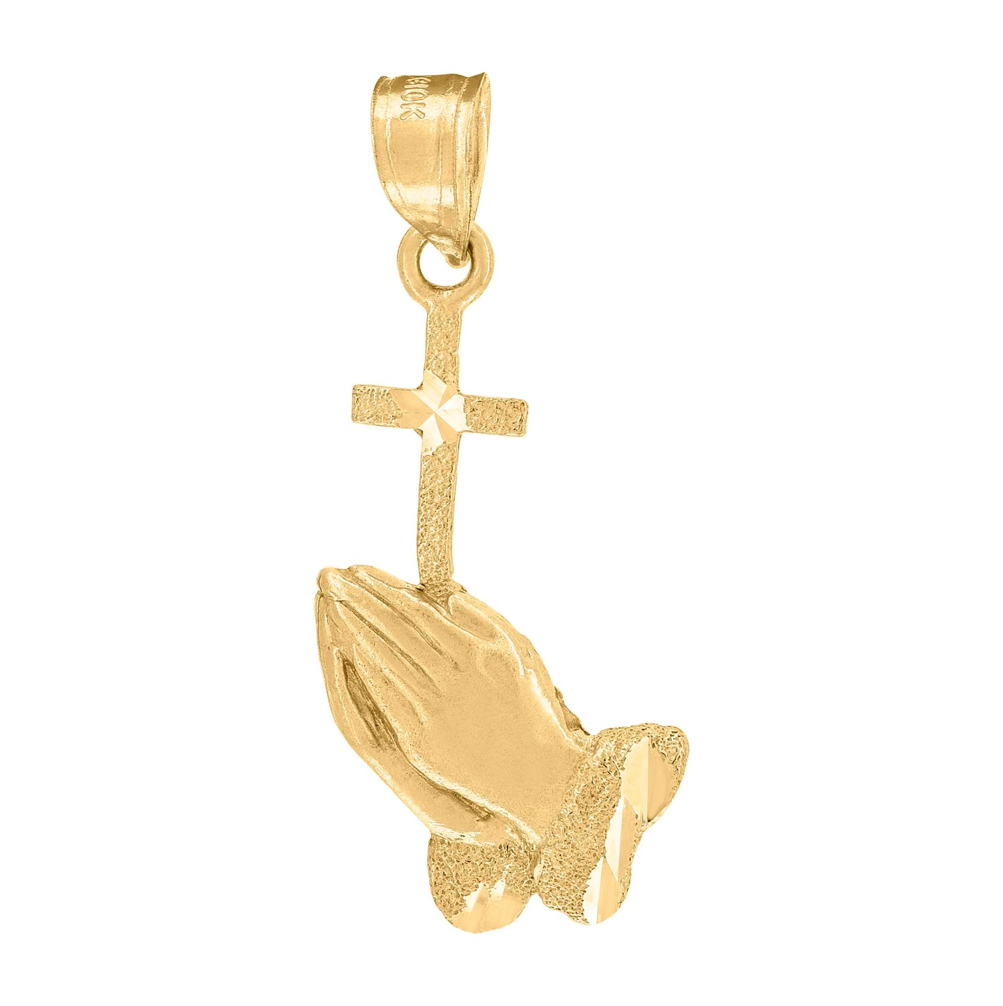 10K Yellow Gold Unisex Diamond-Cut Praying Hands Cross Religious Charm Pendant