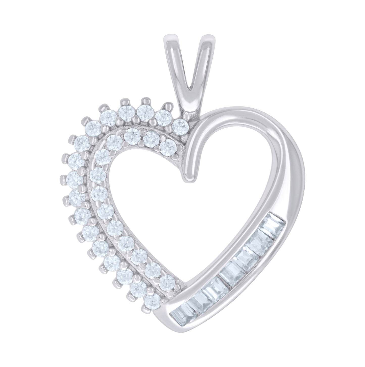 Sterling Silver Womens Baguette Round Cubic-Zirconia Heart Charm Pendant