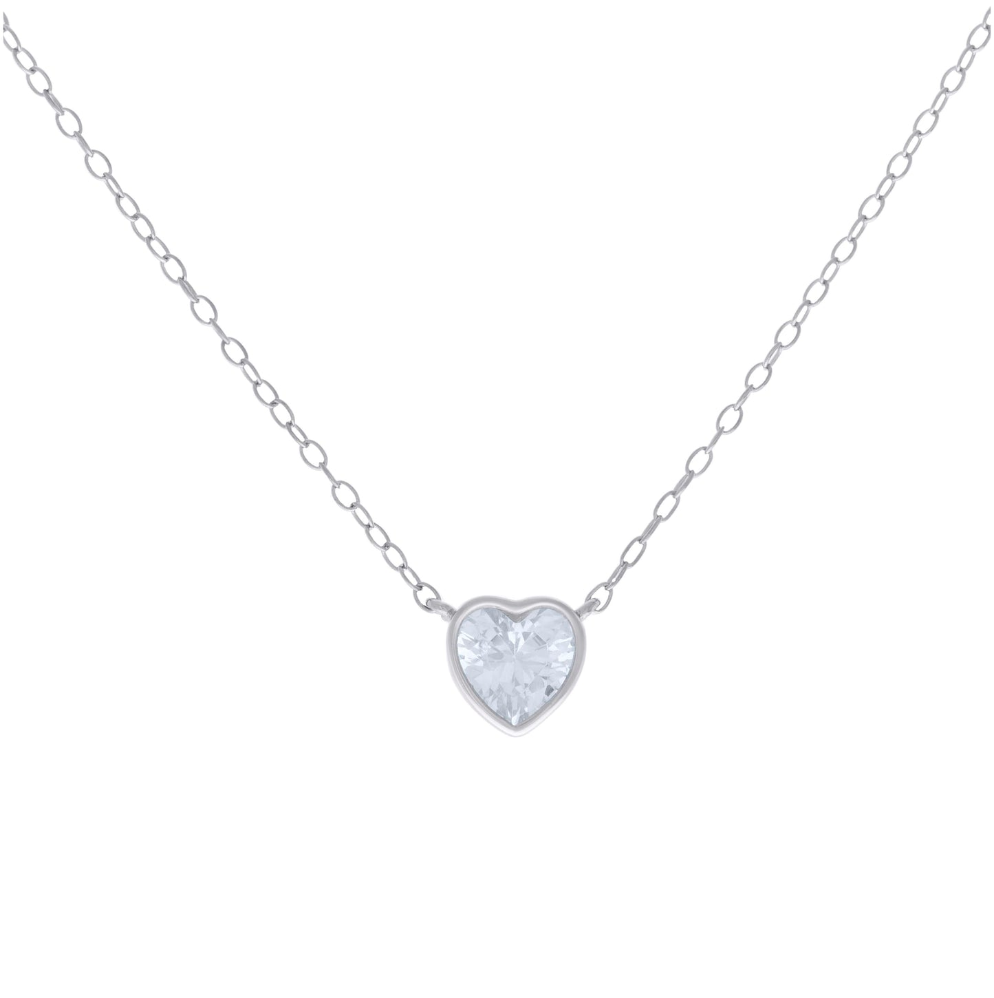 Sterling Silver Womens Heart Cubic-Zirconia Heart Charm Necklace Size 16 + 2 Inches