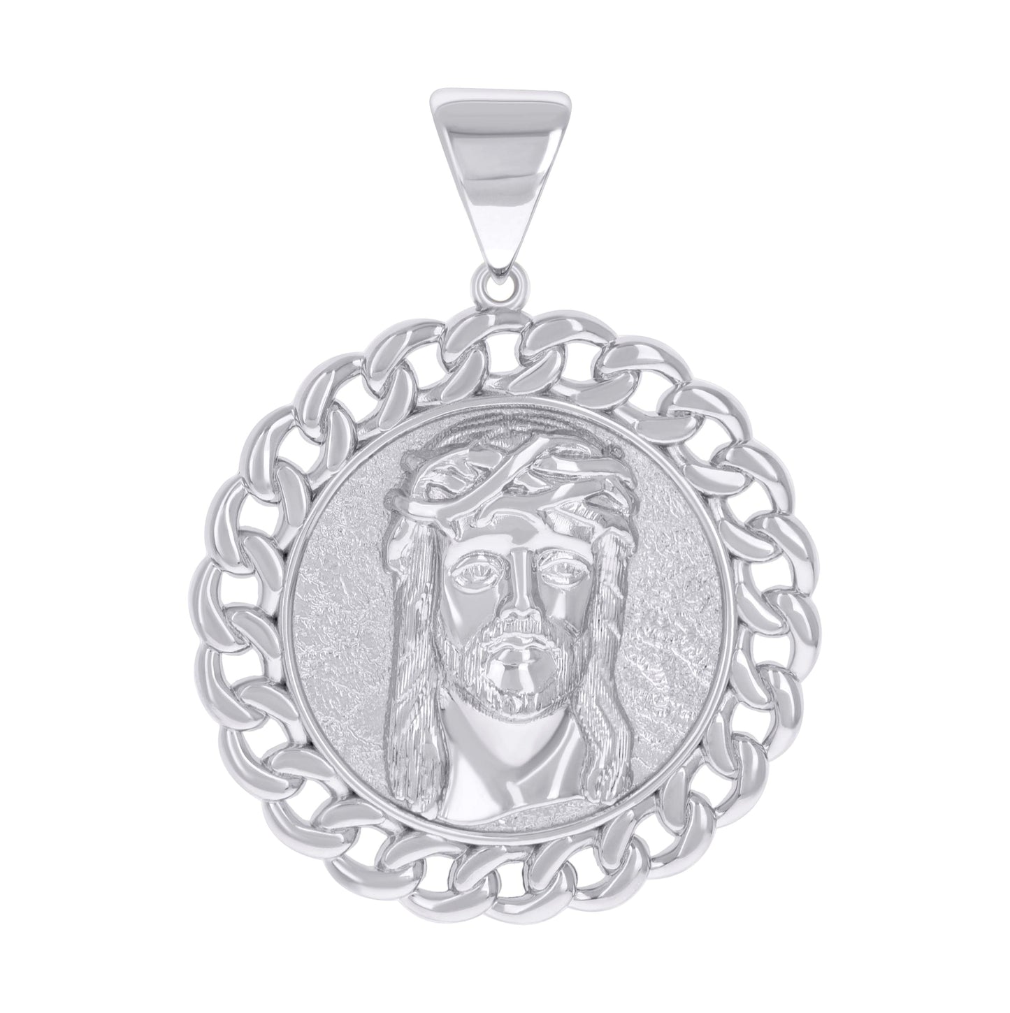 Sterling Silver Mens Cuban Border Jesus Religious Charm Pendant