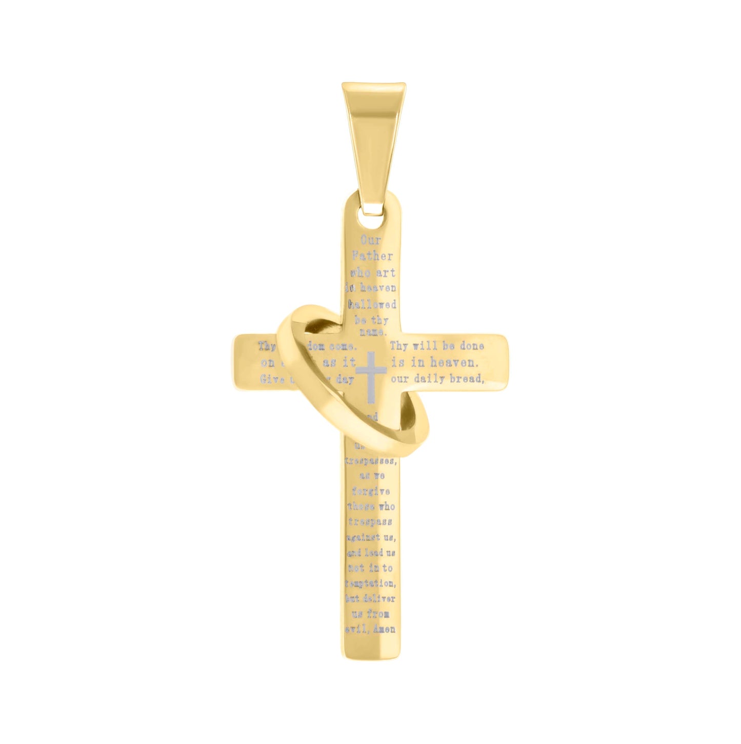 Stainless Steel Mens English Bible Lords Prayer Cross Ring Religious Charm Pendant