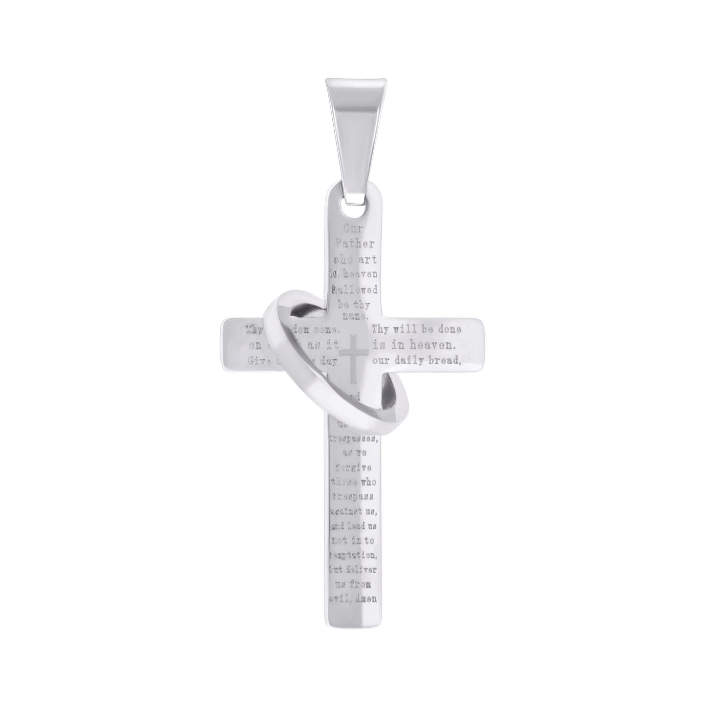 Stainless Steel Mens Halo Ring Lord's Prayer Cross Religious Charm Pendant