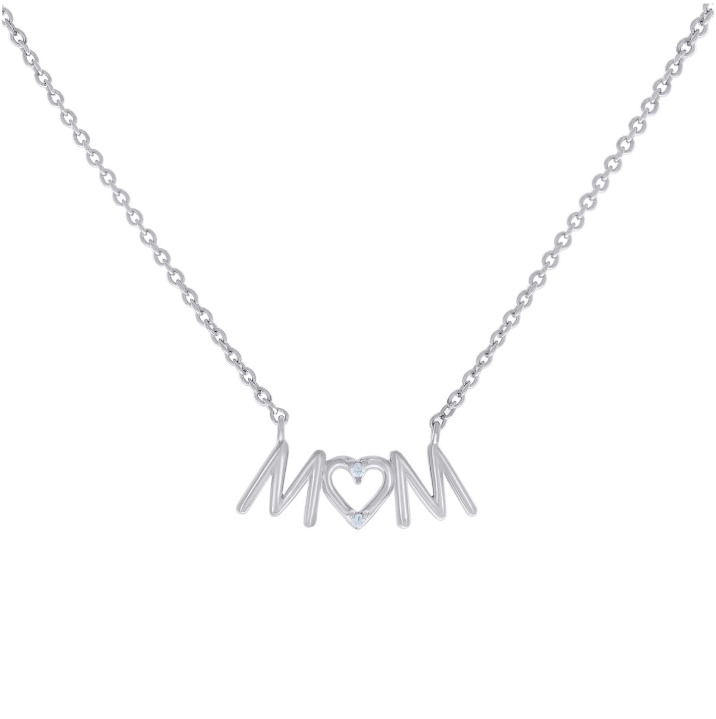 Sterling Silver Womens Cubic-Zirconia Heart MOM Charm Necklace Size 16 Inches