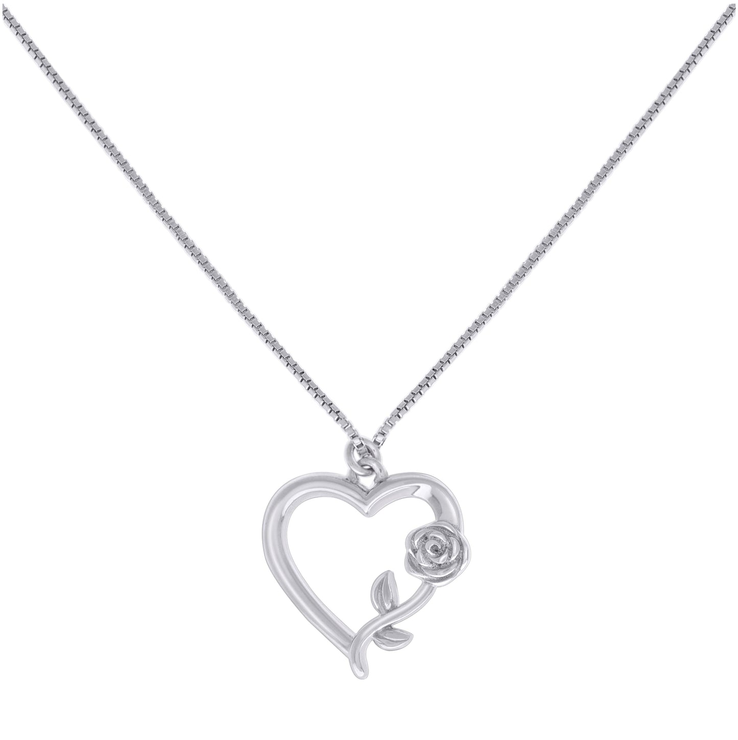 Sterling Silver Womens Rose Flower Heart Charm Necklace Size 16 Inches