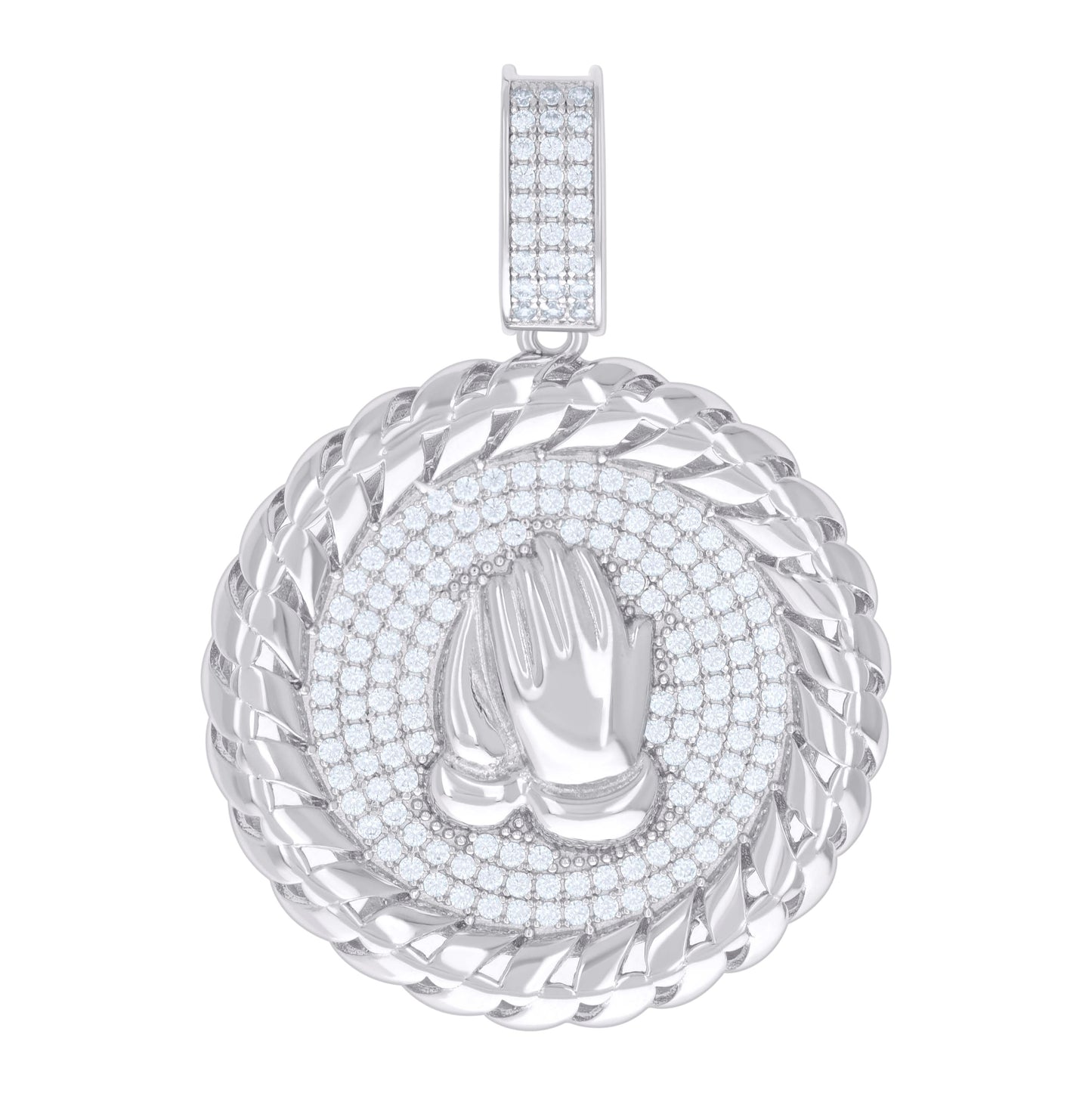 Sterling Silver Mens 1.57ct Moissanite Praying Hands Symbol Religious Charm Pendant