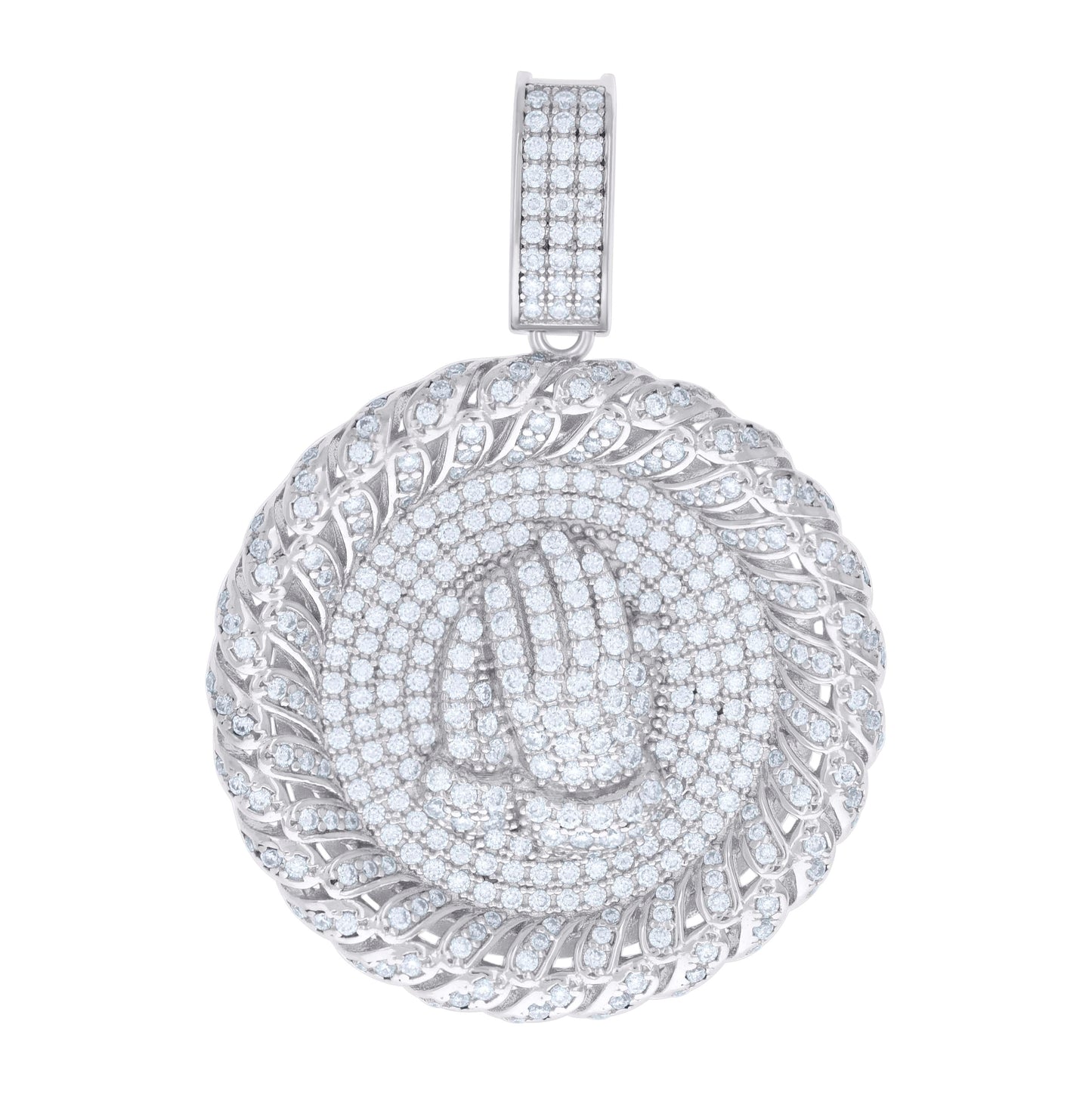 Sterling Silver Mens 3.18 Cttw Moissanite Medallion Praying Hands Symbol Religious Charm Pendant