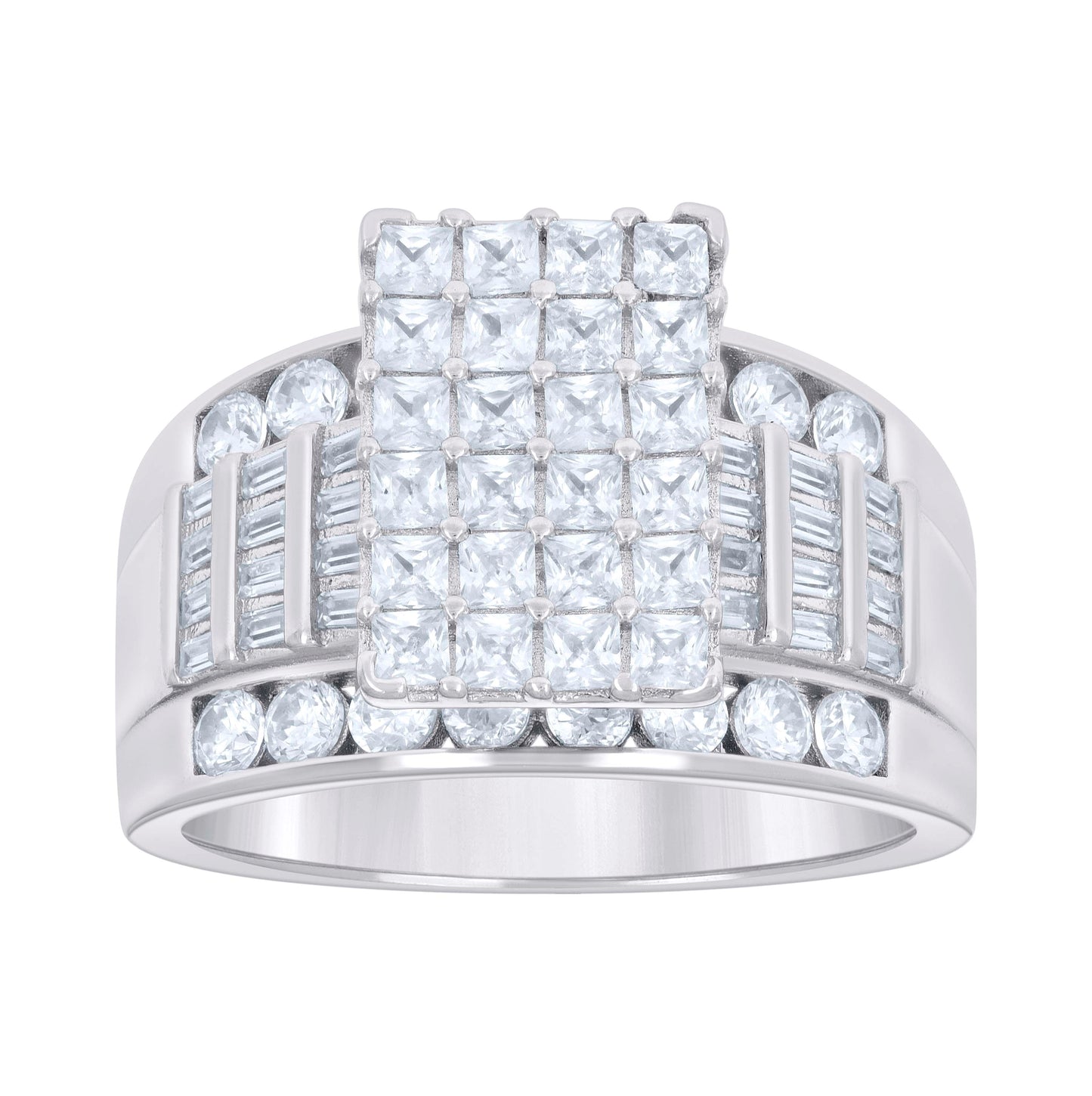 Sterling Silver Womens Baguette 1.96ct Round 1.13ct Moissanite Cinderella Bridal Anniversary Wedding Engagement Band Ring