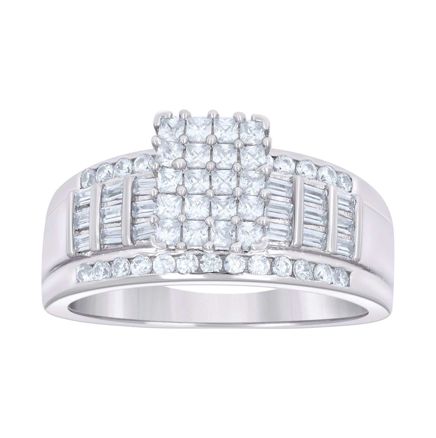 Sterling Silver Womens Baguette 0.95ct Round 0.33ct Moissanite Cinderella Bridal Anniversary Wedding Engagement Band Ring