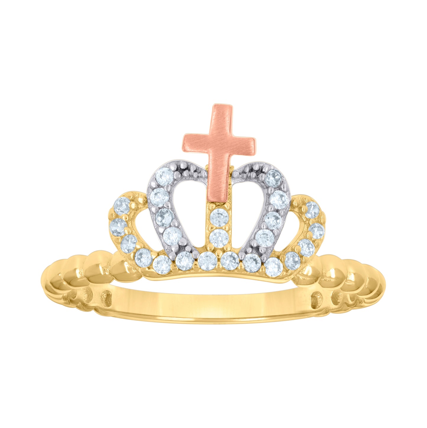 10K Tri-Color Gold Womens Cubic-Zirconia Cross Crown Fashion Ring