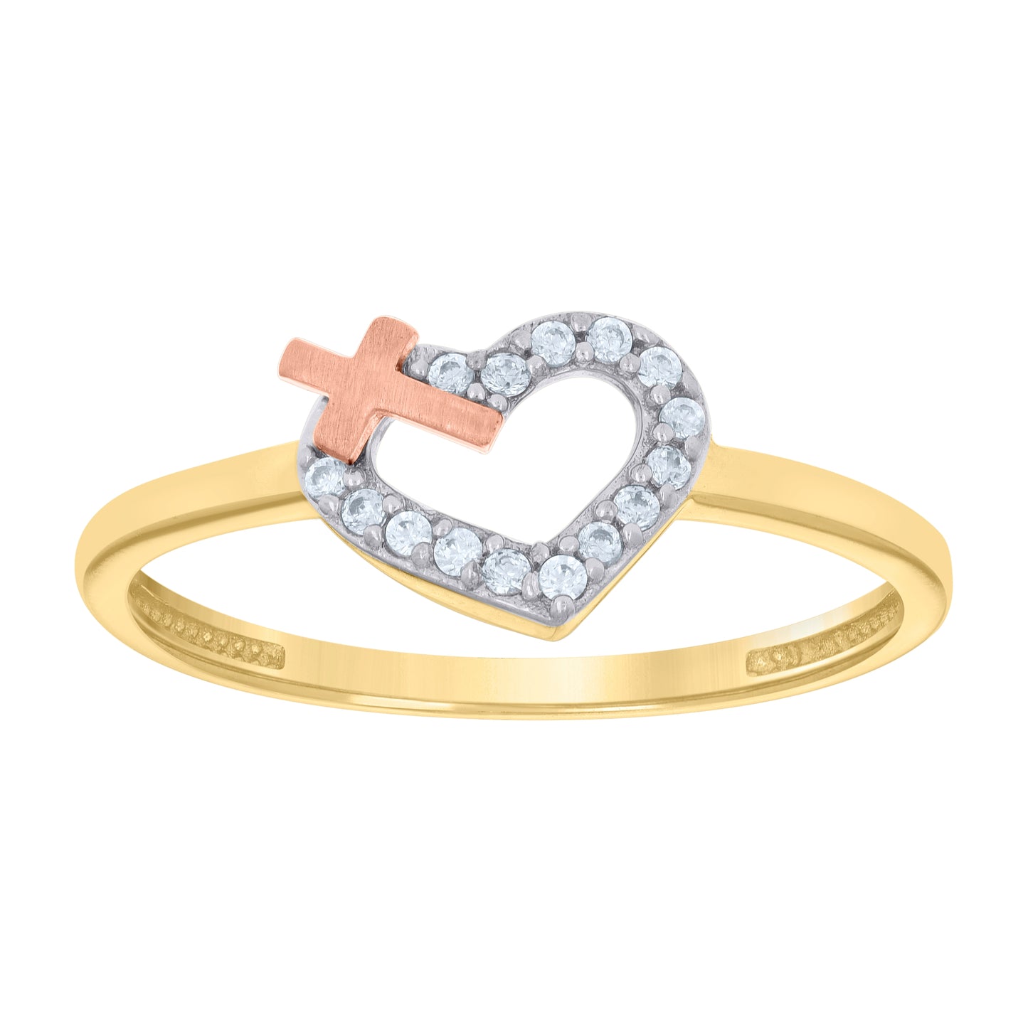 10K Tri-Color Gold Womens Cubic-Zirconia Cross Heart Ring
