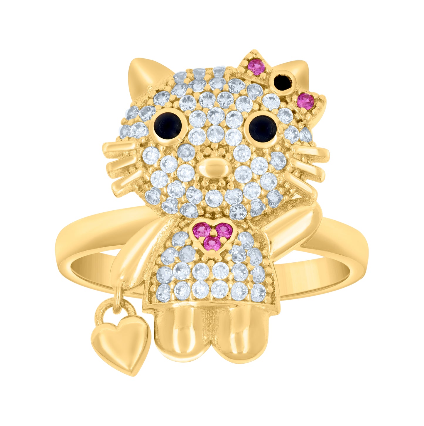 10K Yellow Gold Womens Black/Pink White Cubic-Zirconia Kitty Fashion Ring