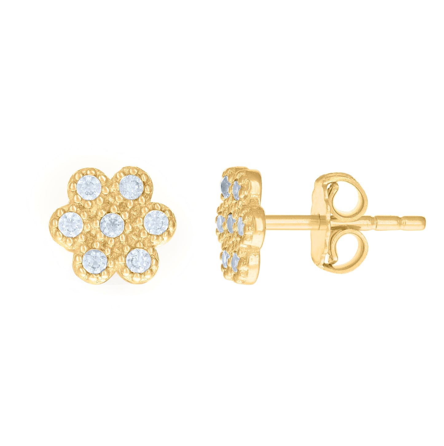 14K Yellow Gold Womens Cubic-Zirconia Flower Fashion Stud Earrings