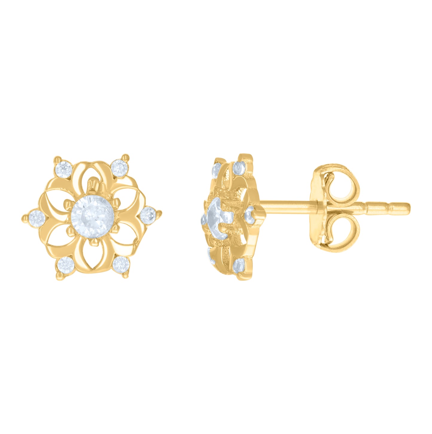 14K Yellow Gold Womens Cubic-Zirconia Flower Fashion Stud Earrings