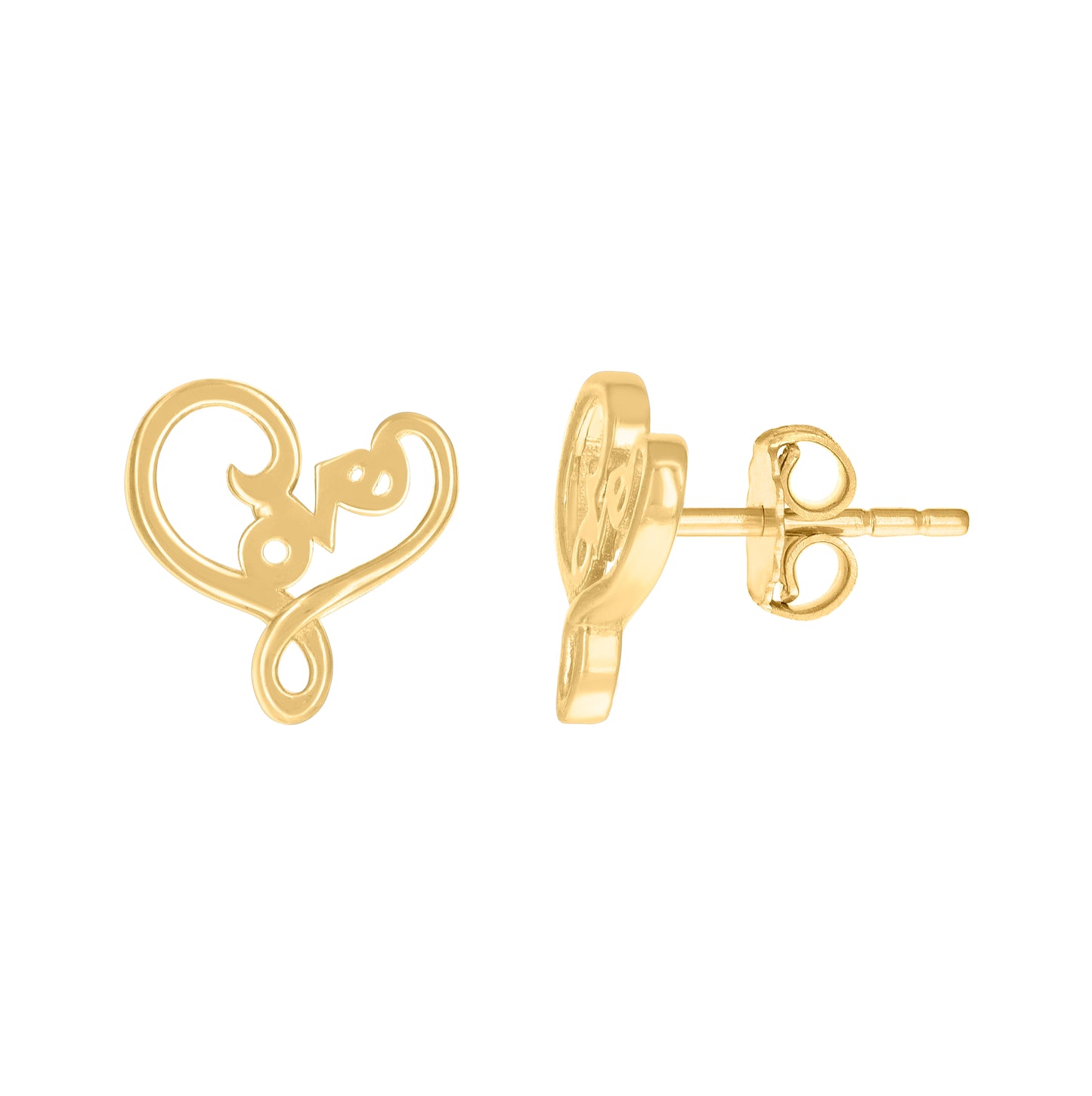 14K Yellow Gold Womens Love Heart Stud Earrings