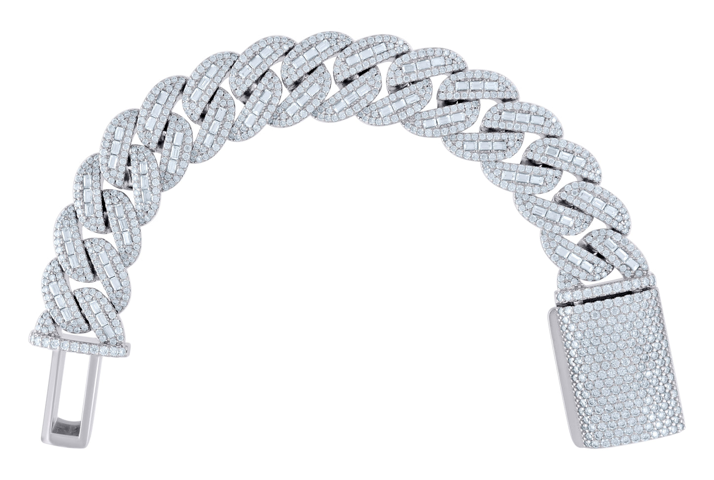 Sterling Silver Baguette Round 32.38 Cttw Moissanite Miami Cuban Chain Bracelet 20mm 8.5 Inches