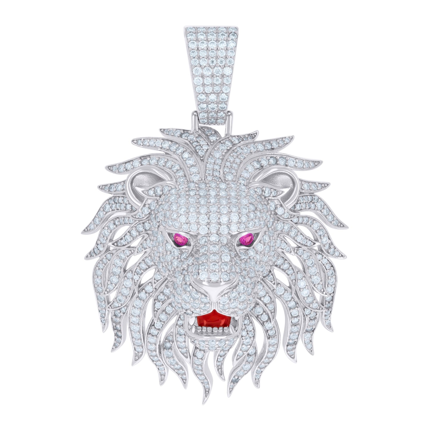 Sterling Silver Mens Purple White 6.36 Cttw Moissanite Red Enameled Leo/Lion Head Zodiac Sign/Wildlife Pendant