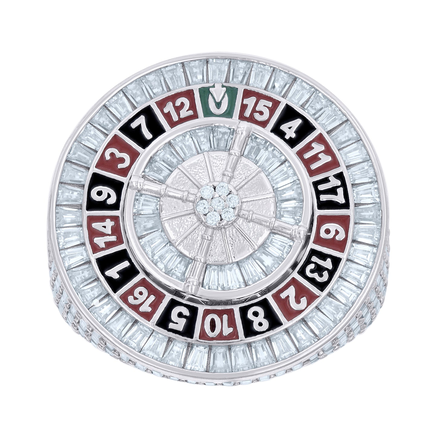 Sterling Silver Mens 7.36 Cttw Baguette 0.09 Cttw Round Moissanite Enameled Roulette Casino Gambling Ring Size 10
