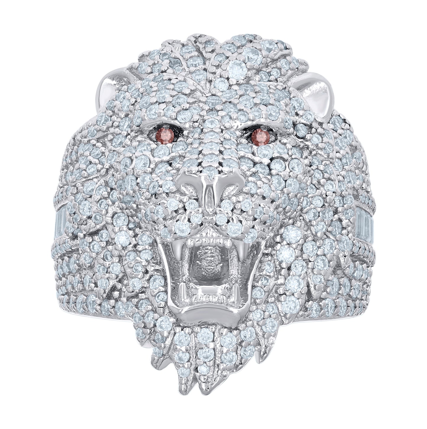 Sterling Silver Mens Red White 0.68ct Baguette 2.51ct Round Moissanite Leo/Lion Head Bridal Anniversary Wedding Engagement Band Ring