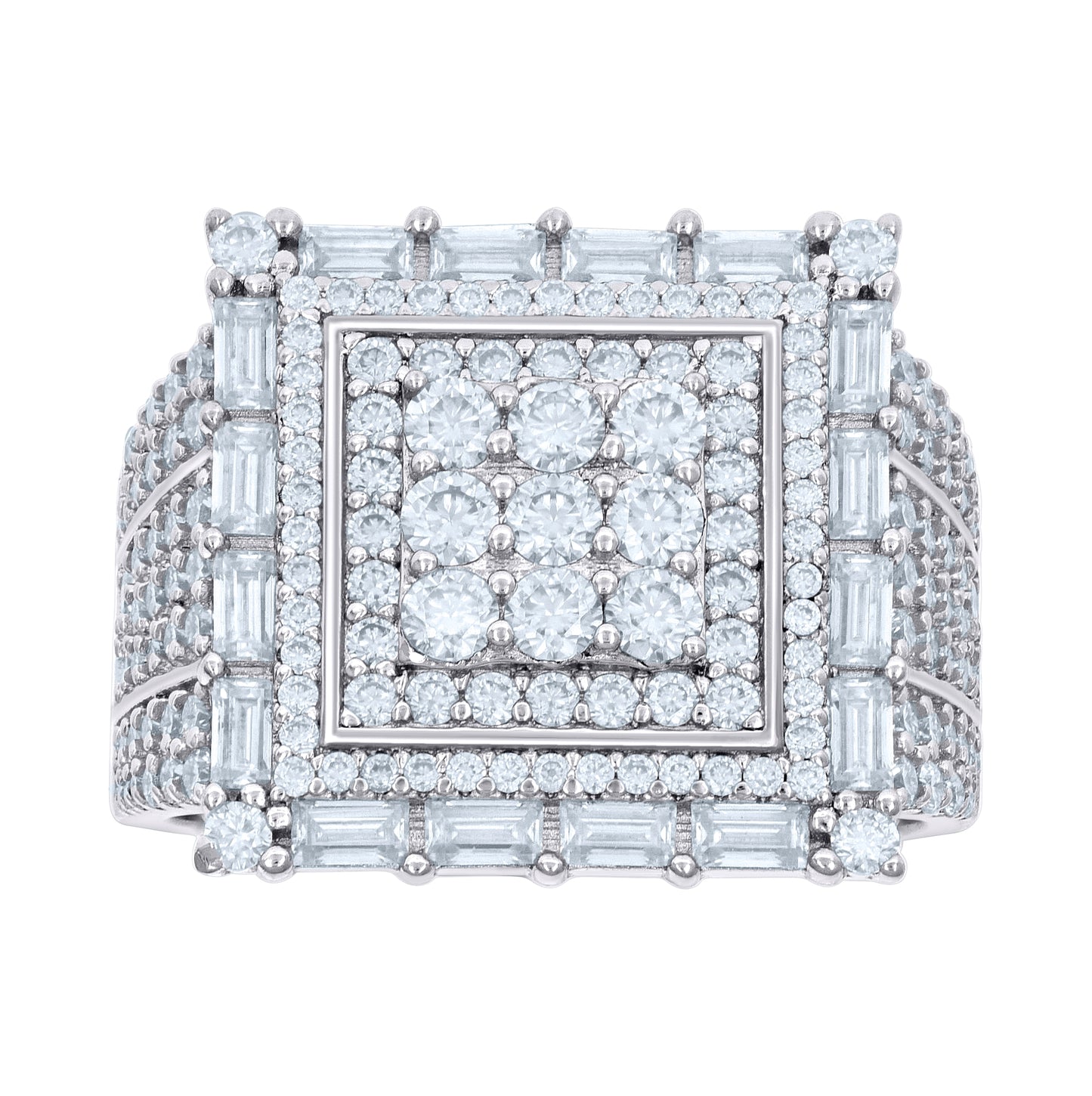 Sterling Silver Mens 1.57ct Baguette 2.16ct Round Moissanite Square Head Fashion Bridal Anniversary Wedding Engagement Band Ring