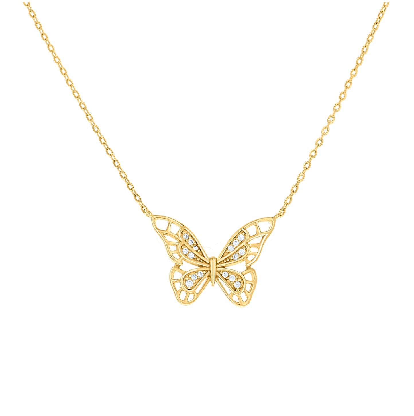 Sterling Silver Or Yellow-Tone Womens Cubic-Zirconia Butterfly Charm Necklace Size 16 + 2 Inches