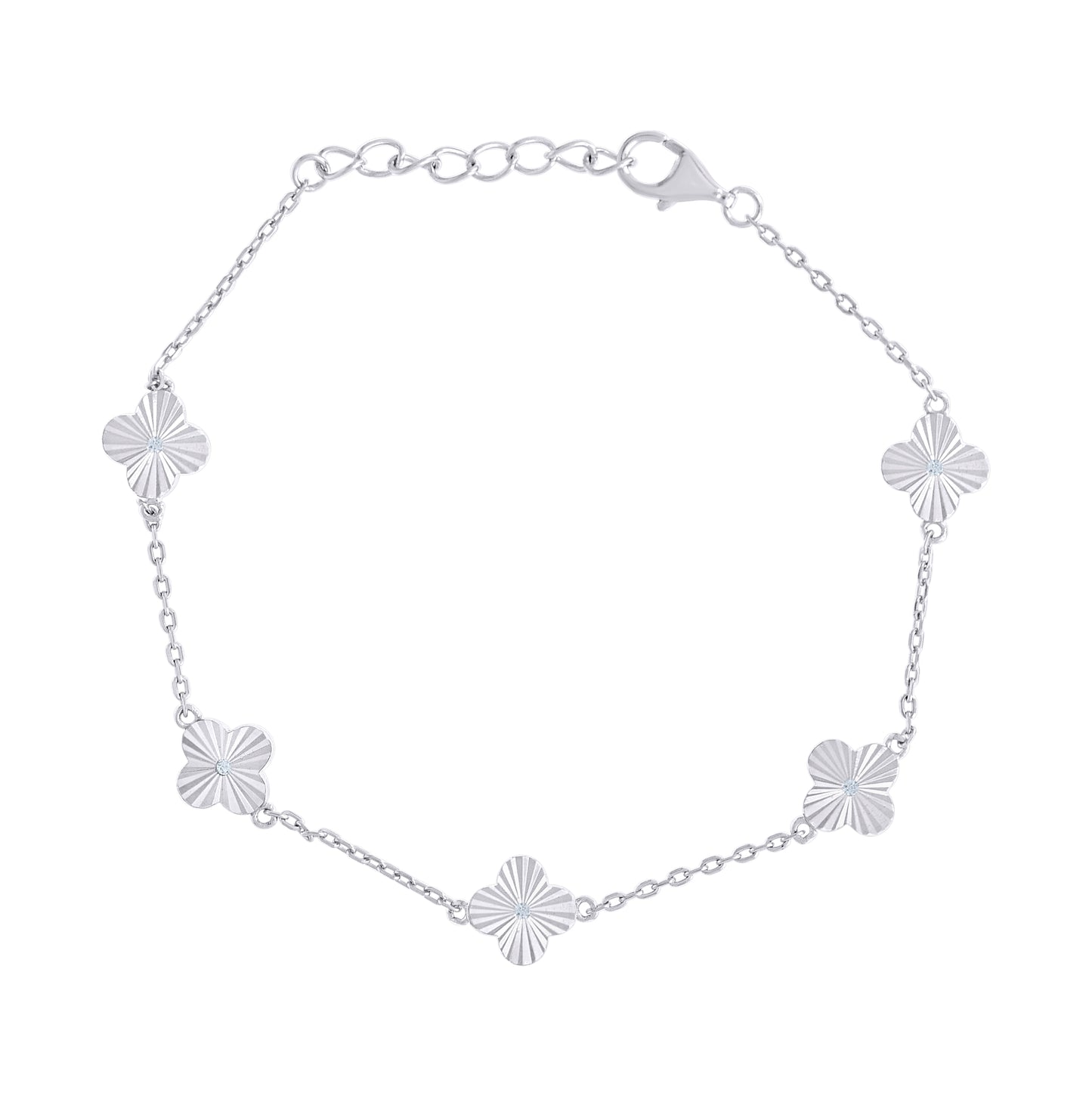 Sterling Silver Womens Cubic-Zirconia Good Luck Clover Charm Bracelet Size 7.5 Inches