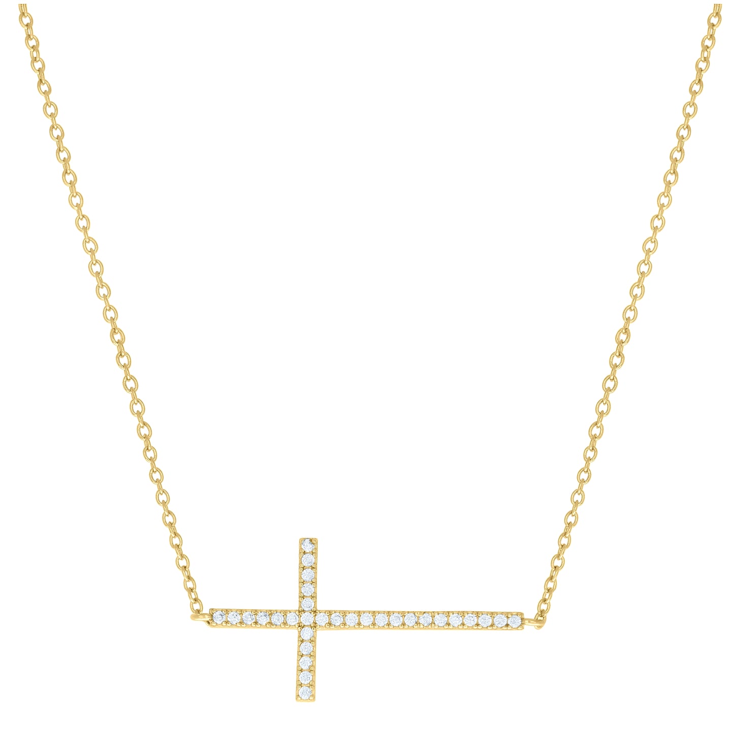 Sterling Silver Womens Cubic-Zirconia Sideways Cross Religious Charm Necklace Size 17 + 1 Inches