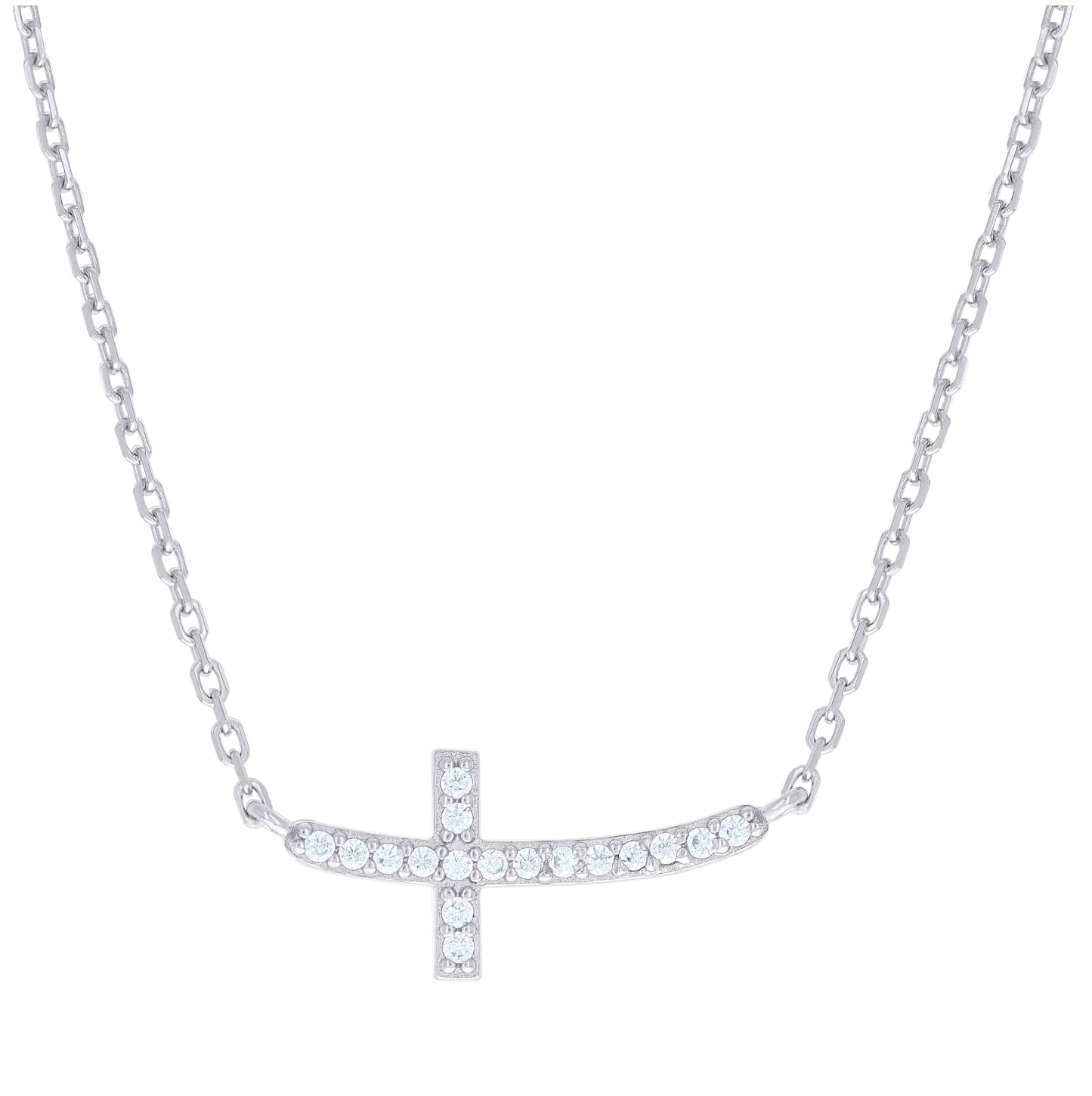 Sterling Silver Unisex Cubic-Zirconia Sideways Cross Necklace Size 16 + 1.5 Inches