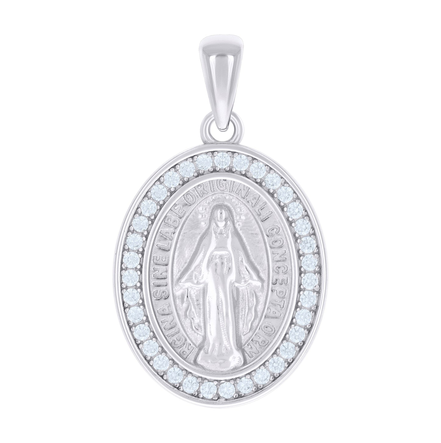 Sterling Silver Unisex Cubic-Zirconia Oval Miraculous Virgin Mary Religious Pendant