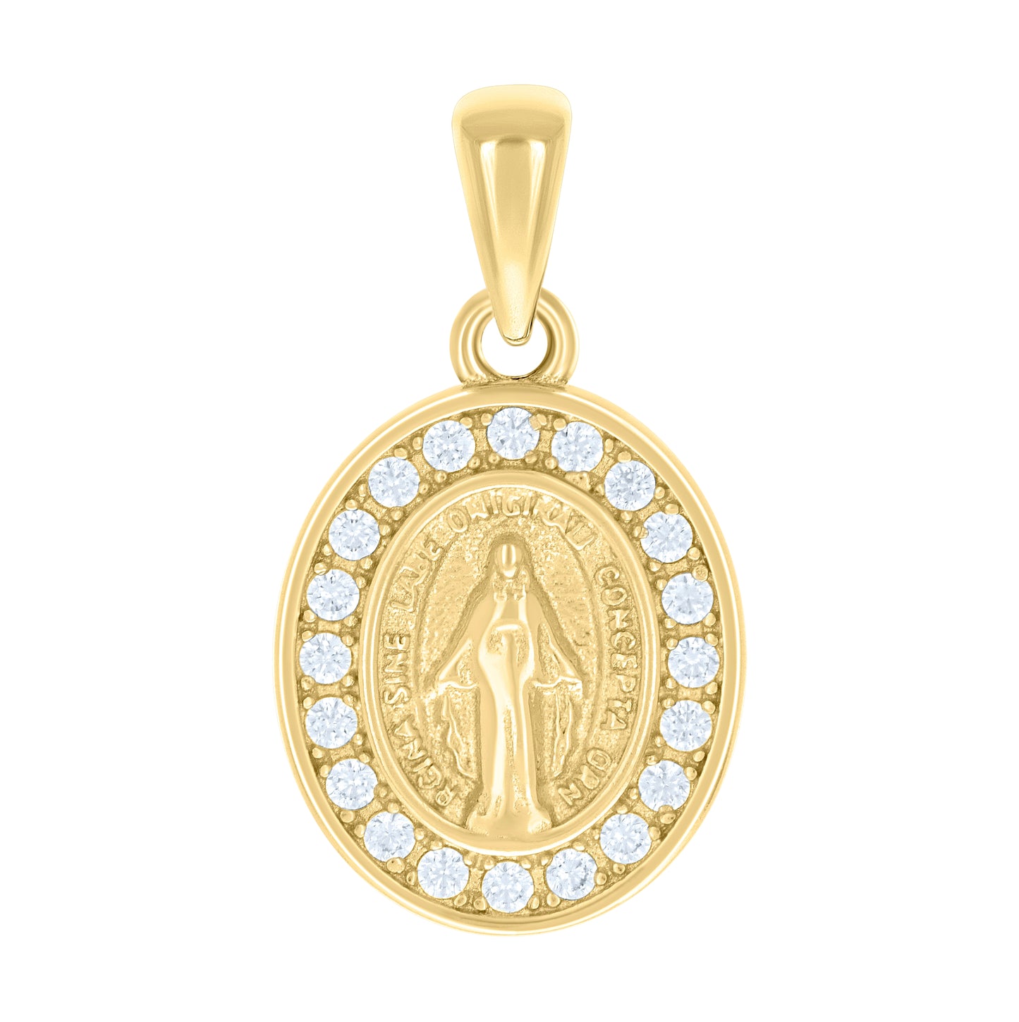 Sterling Silver Unisex Cubic-Zirconia Oval Miraculous Virgin Mary Religious Pendant