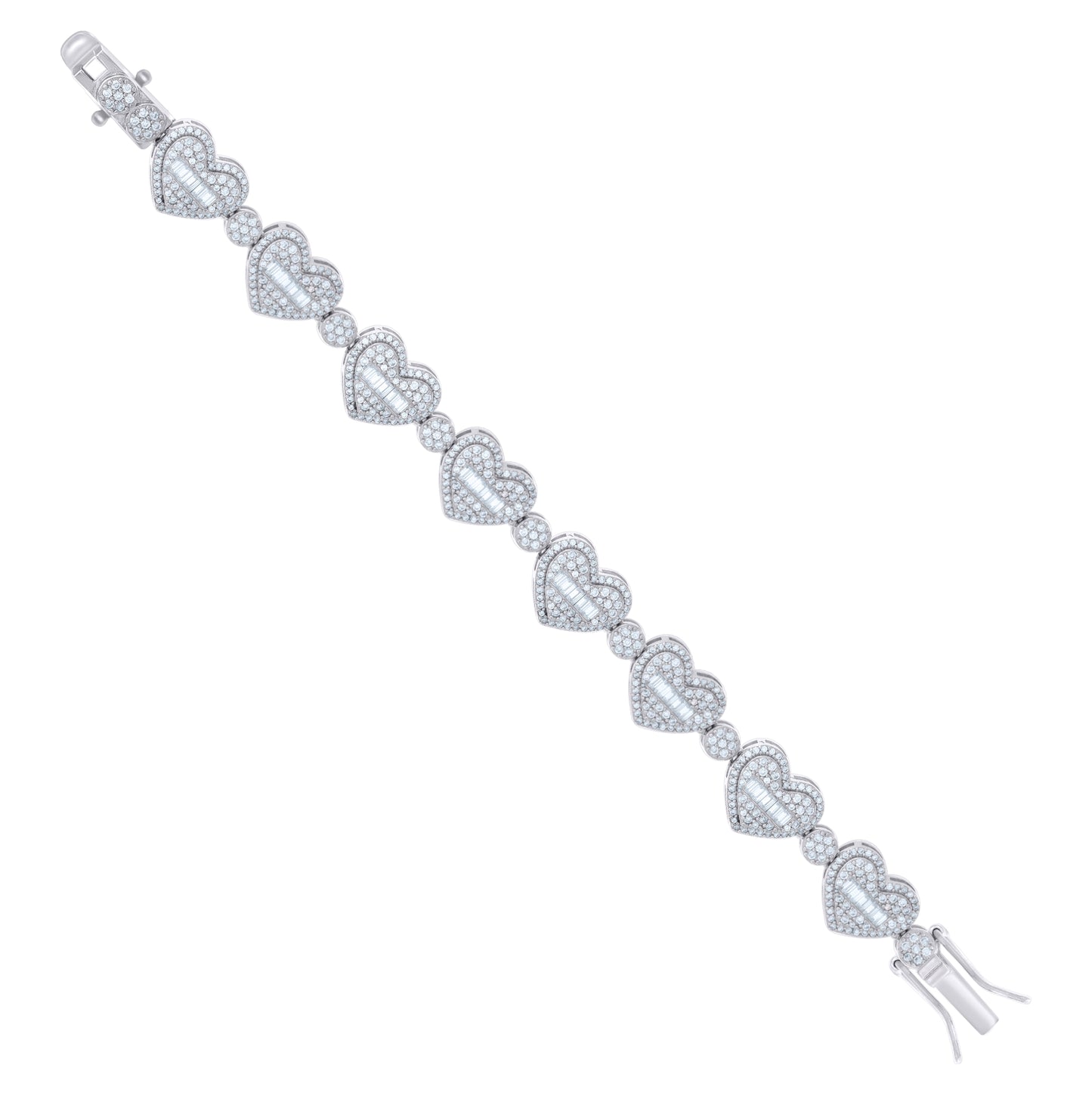 Sterling Silver Round & Baguette Moissanite Heart Link Necklace 12.1mm