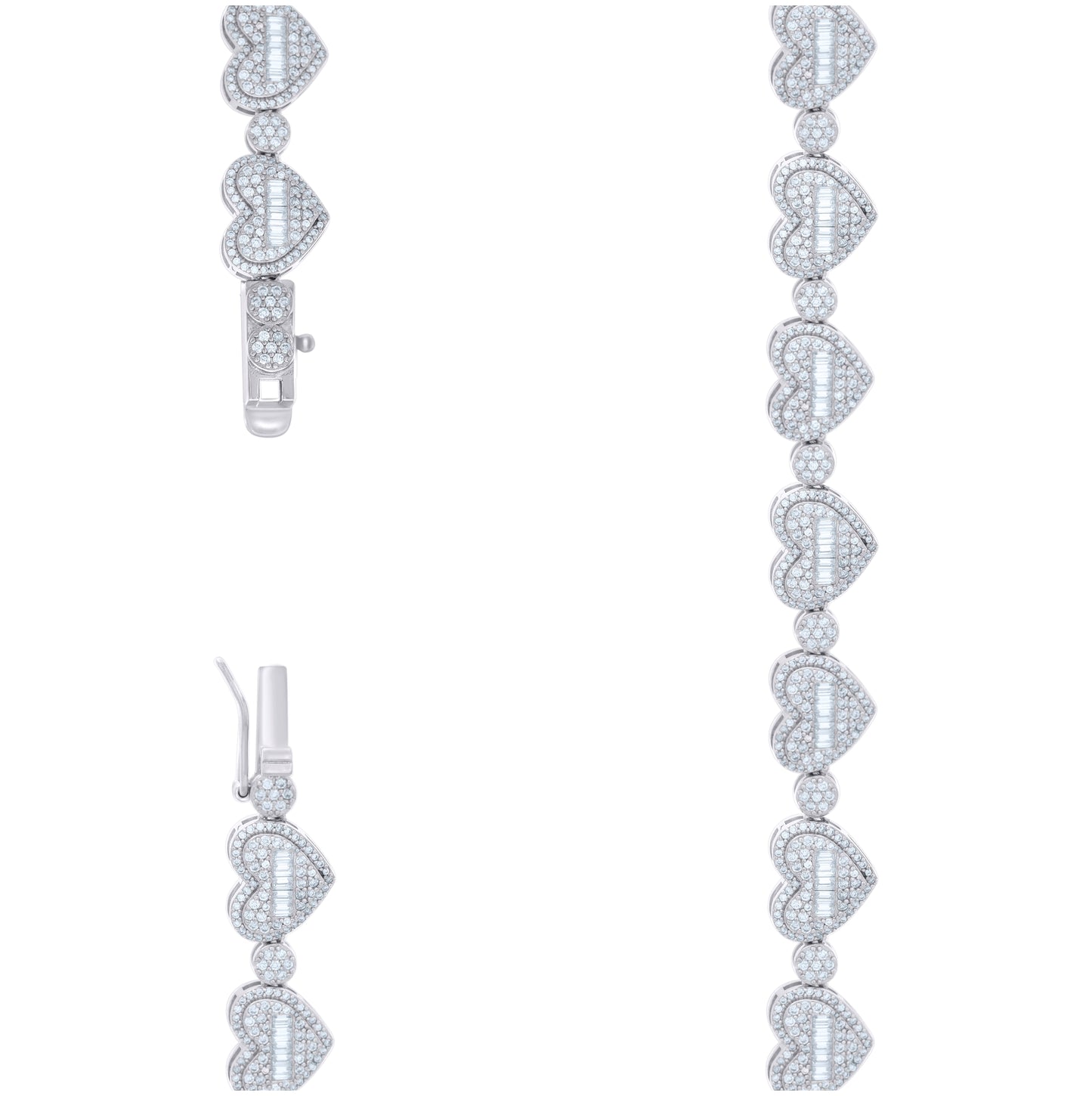 Sterling Silver Round & Baguette Moissanite Heart Link Necklace 12.1mm