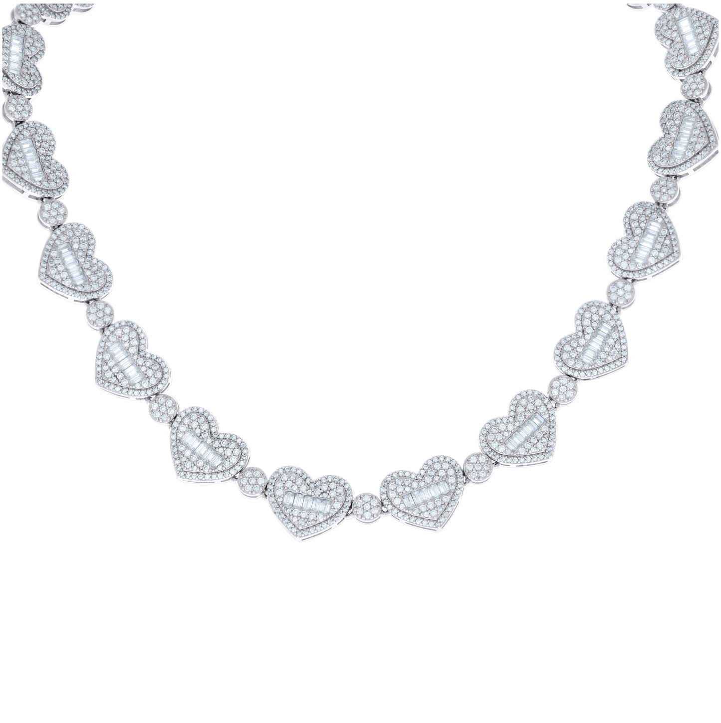 Sterling Silver Round & Baguette Moissanite Heart Link Necklace 12.1mm
