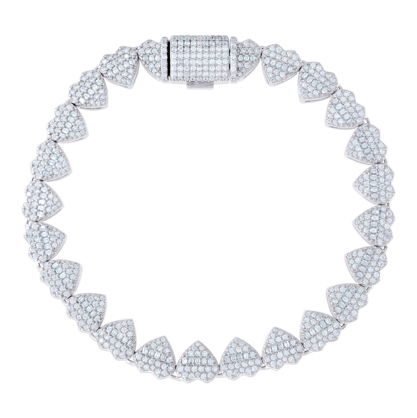 Sterling Silver Round & Baguette Moissanite Heart Link Necklace