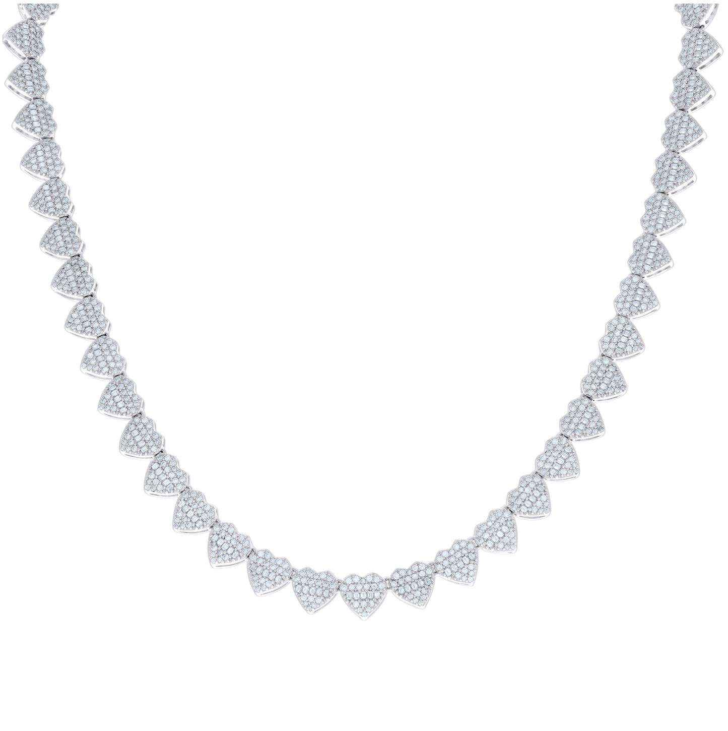 Sterling Silver Round & Baguette Moissanite Heart Link Necklace